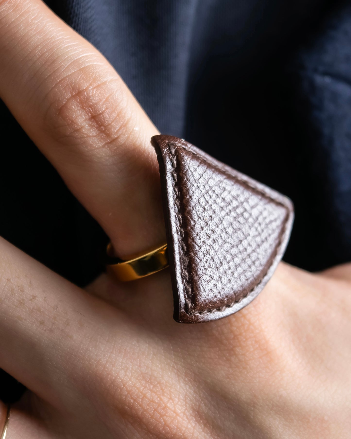 "HERMES" Gold & brown leather scarf ring