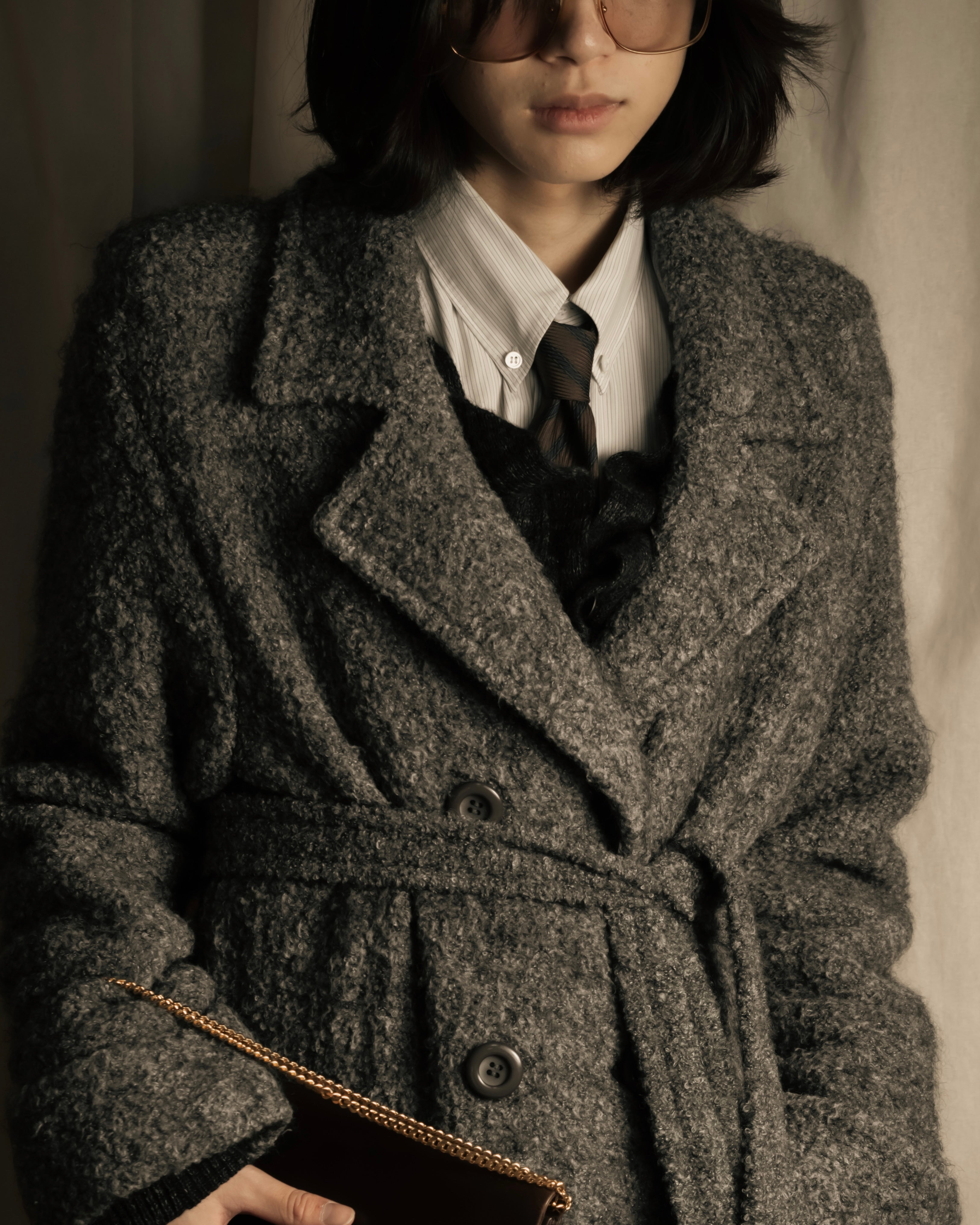 "YVES SAINT LAURENT" Double breasted belted brushedmaxi length chester coat