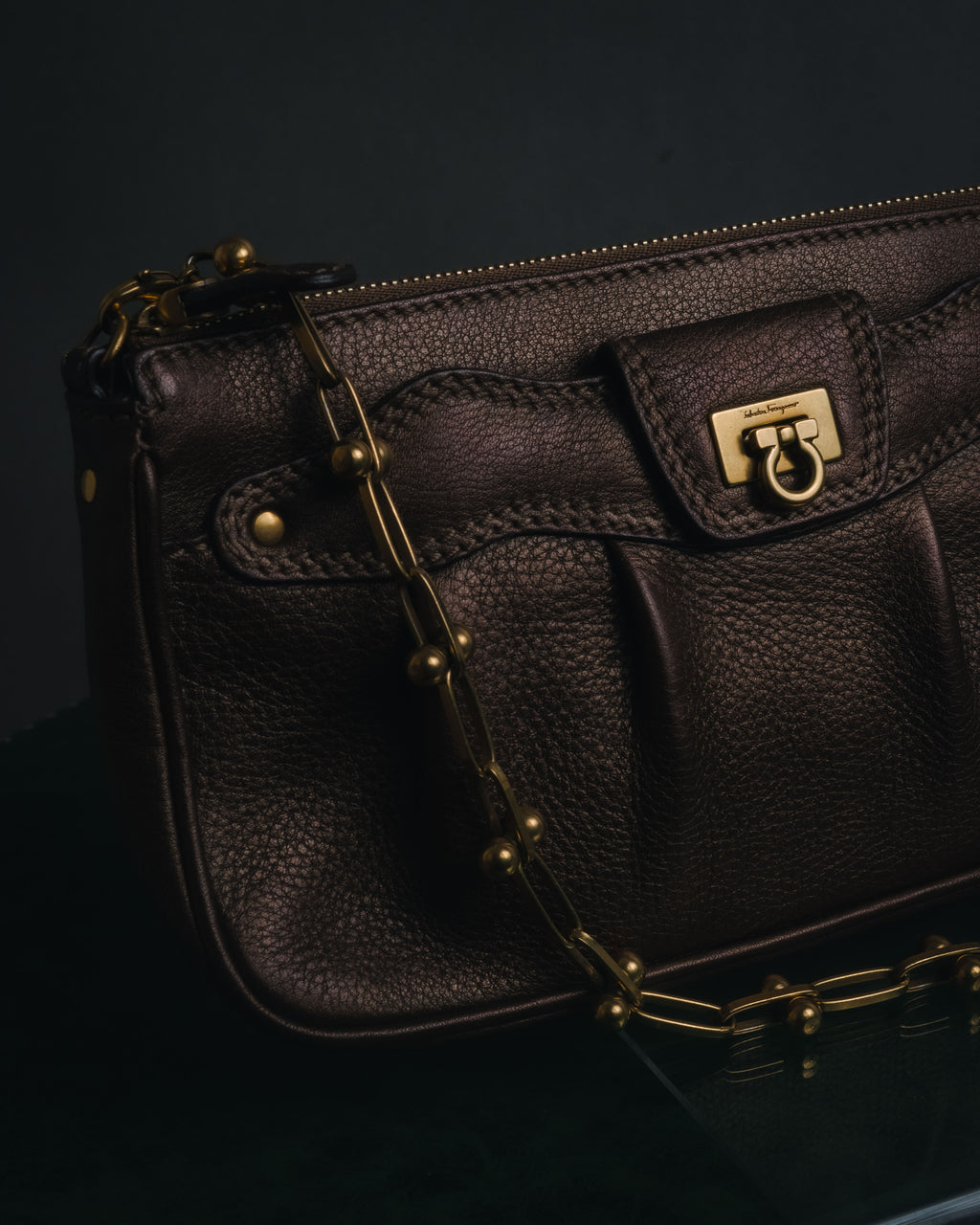 "Salvatore Ferragamo" 2000’s gathered metallic leather ball-link shoulder bag