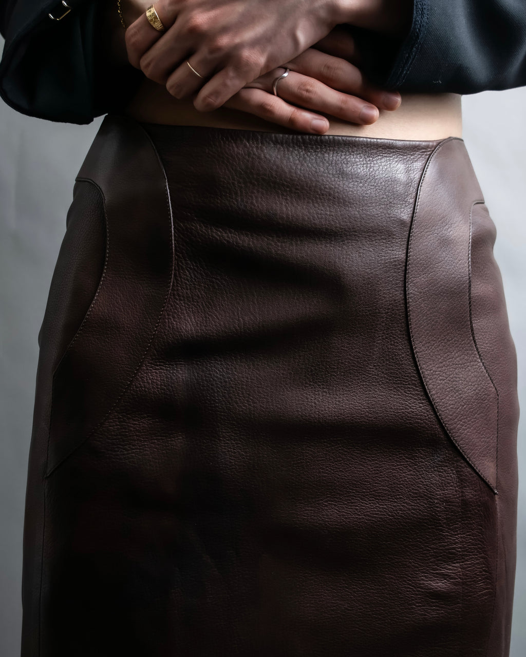 "Hermes by Gaultier" Round Pocket Wine Red Leather Skirt