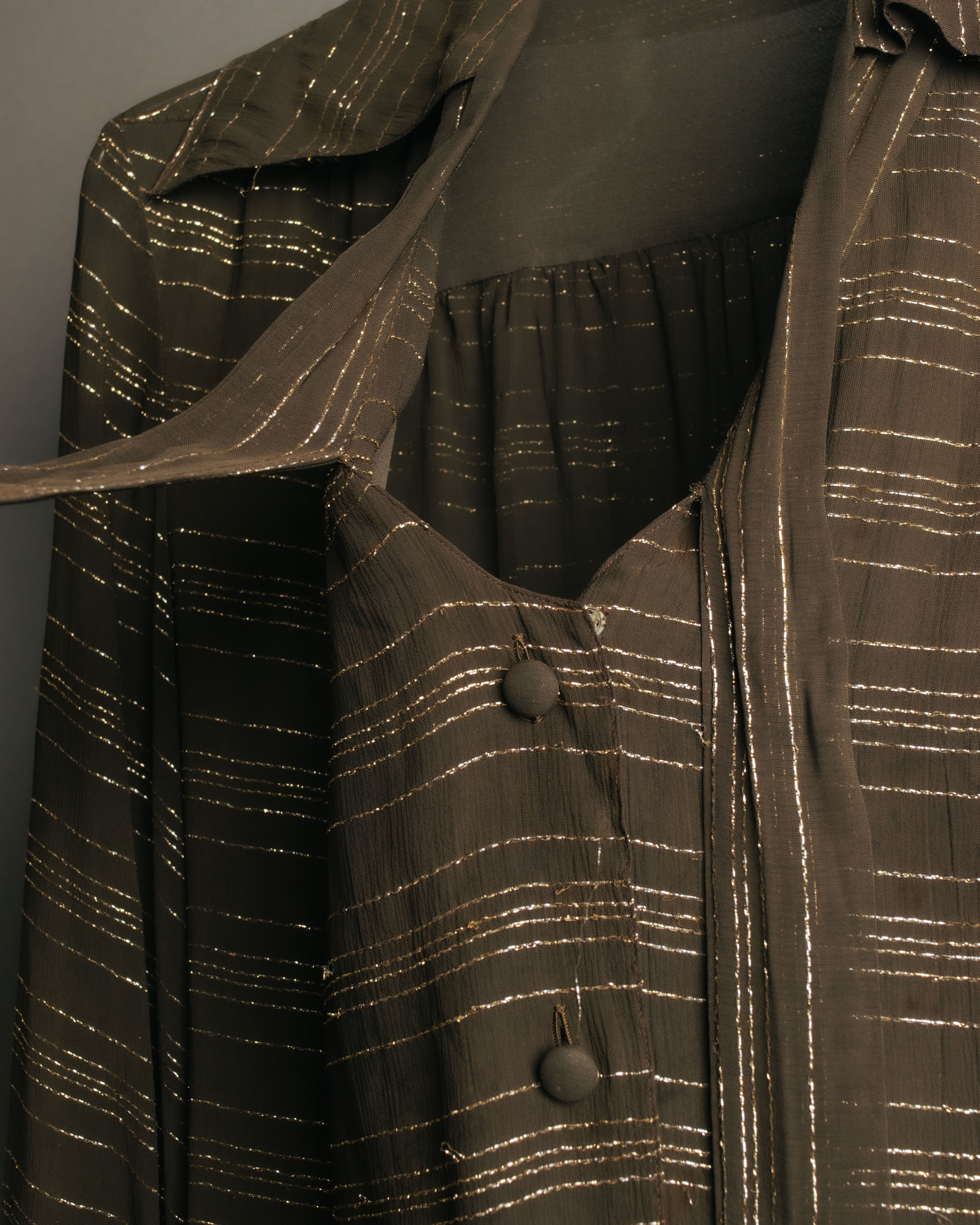 "Christian Dior" 80's-90's Lurex striped pussy-bow sheer blouse