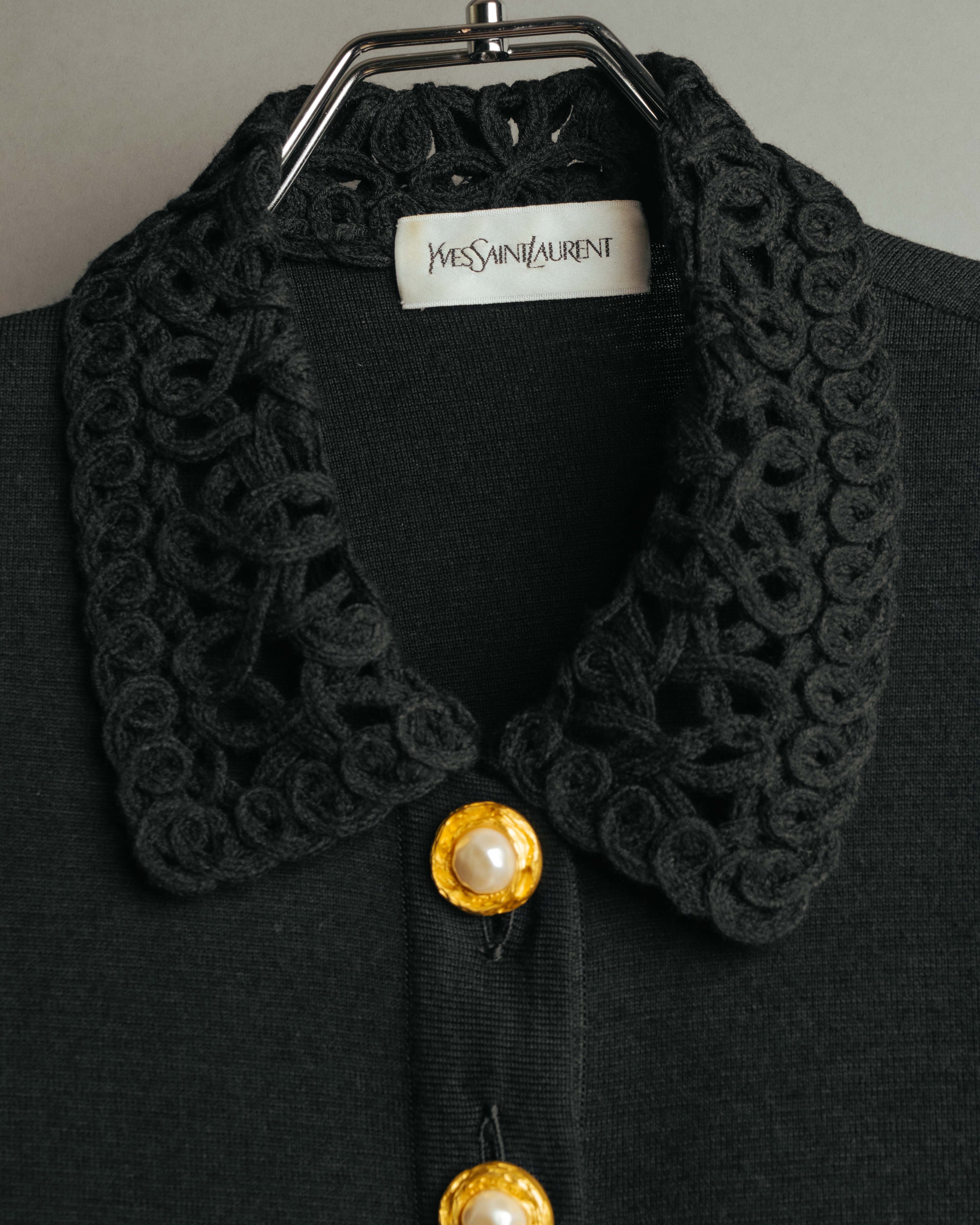-SPECIAL- “Yves Saint Laurent” 90’s crochet collar pearl button knit pullover