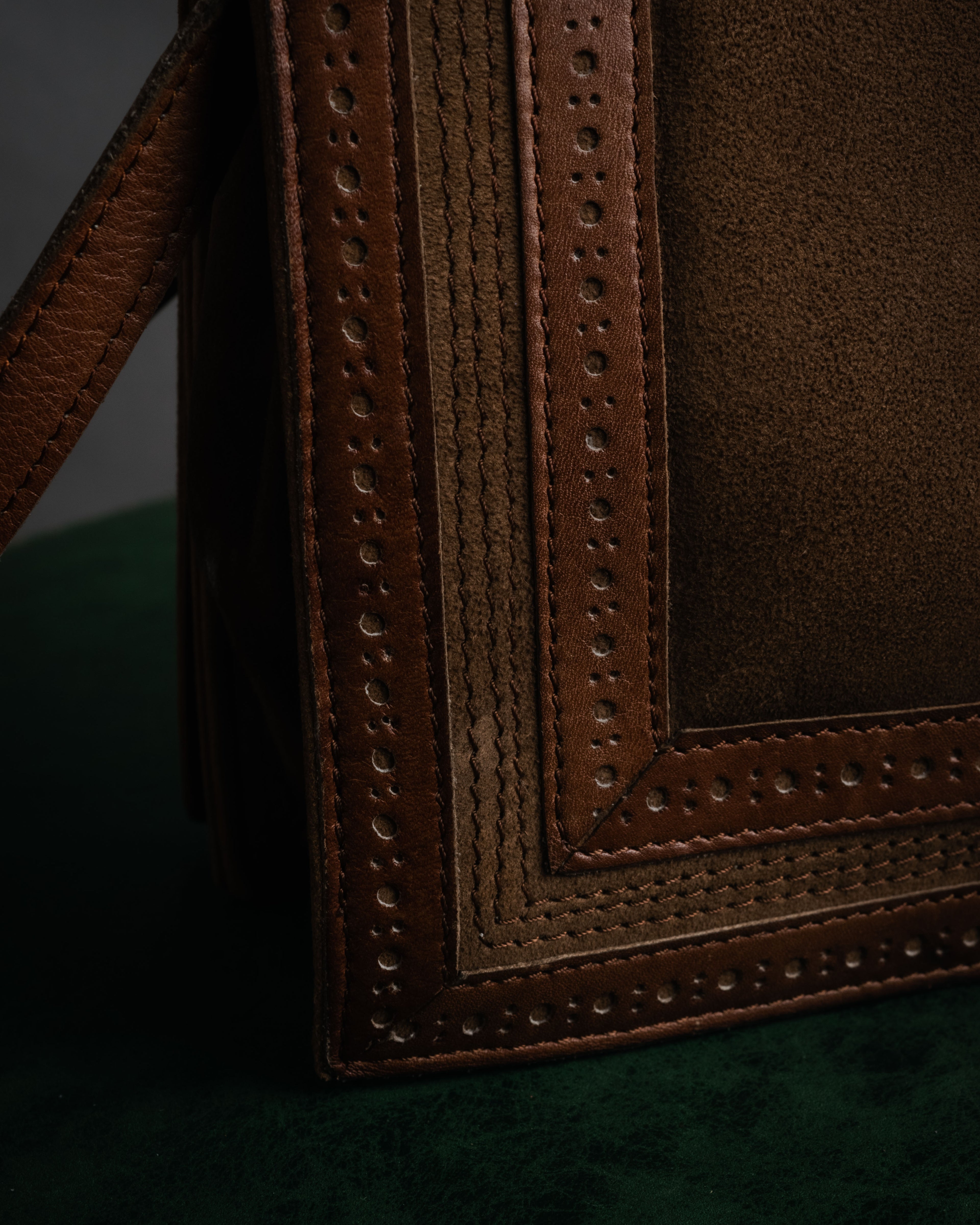 “YVES SAINT LAURENT” 70’s-80’s Brogued suede flap shoulder bag