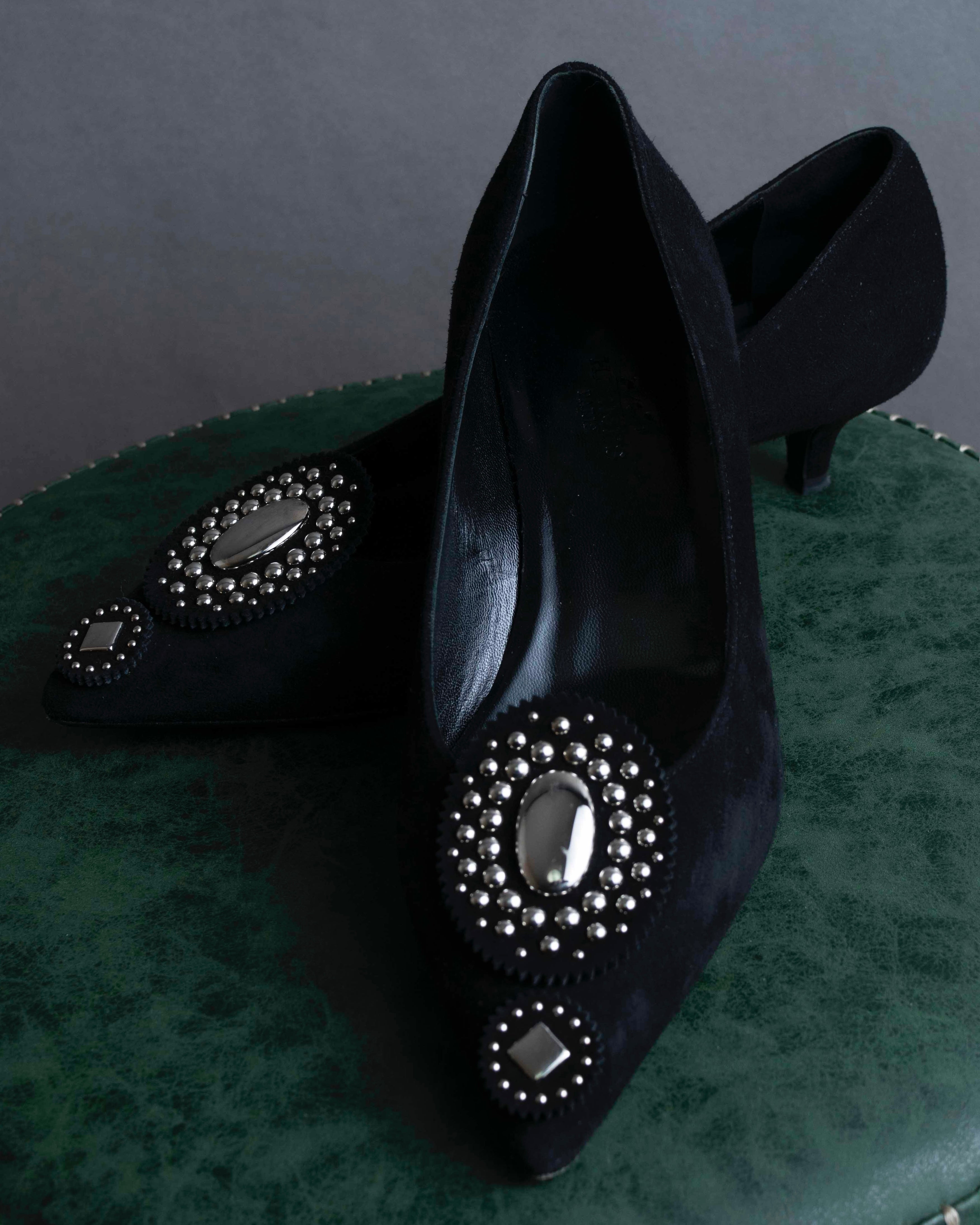 "HERMES" Jewelry design suede heel pumps