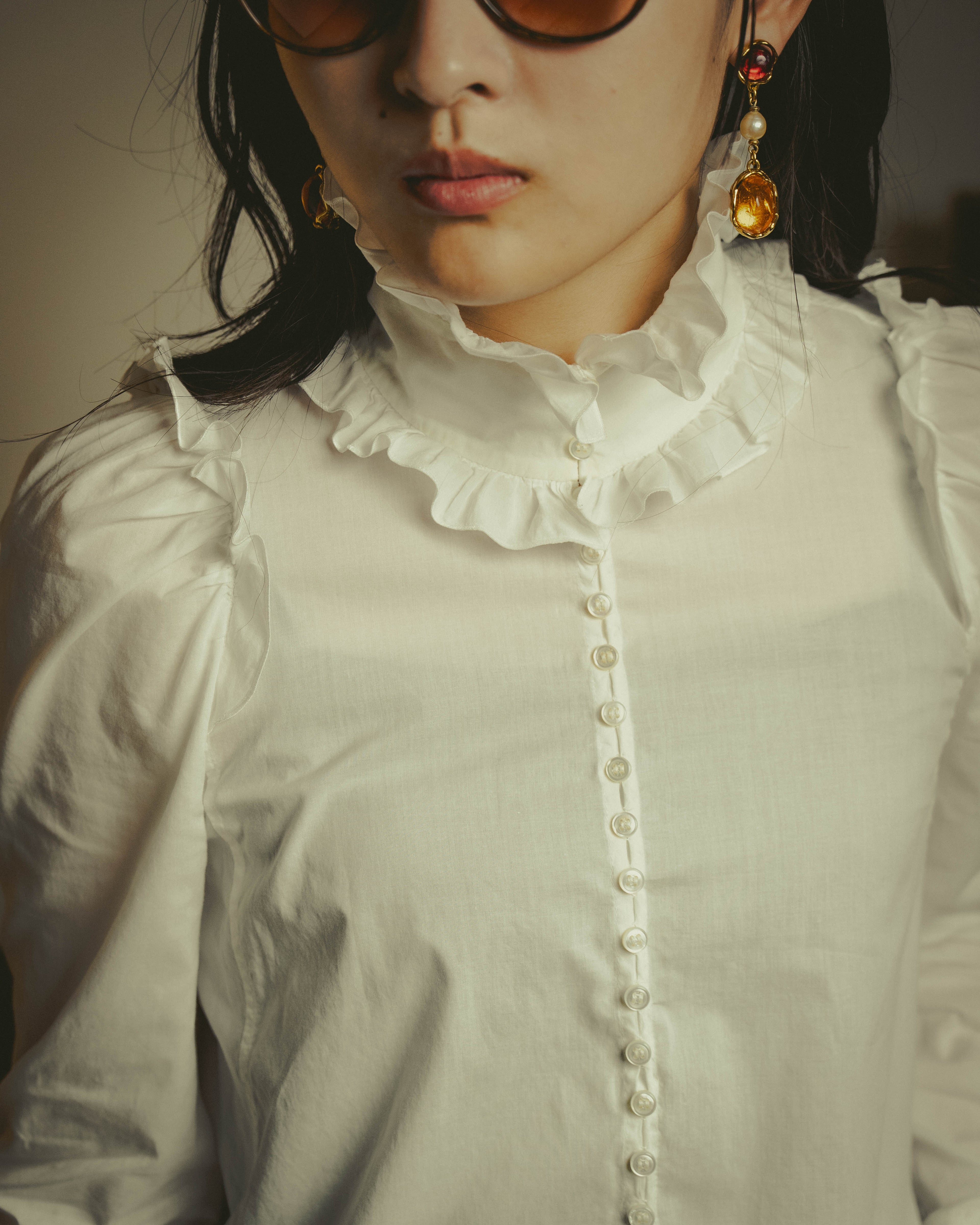 -SPECIAL- “YVES SAINT LAURENT” 70’s-90’s Ruffled high-neck blouse