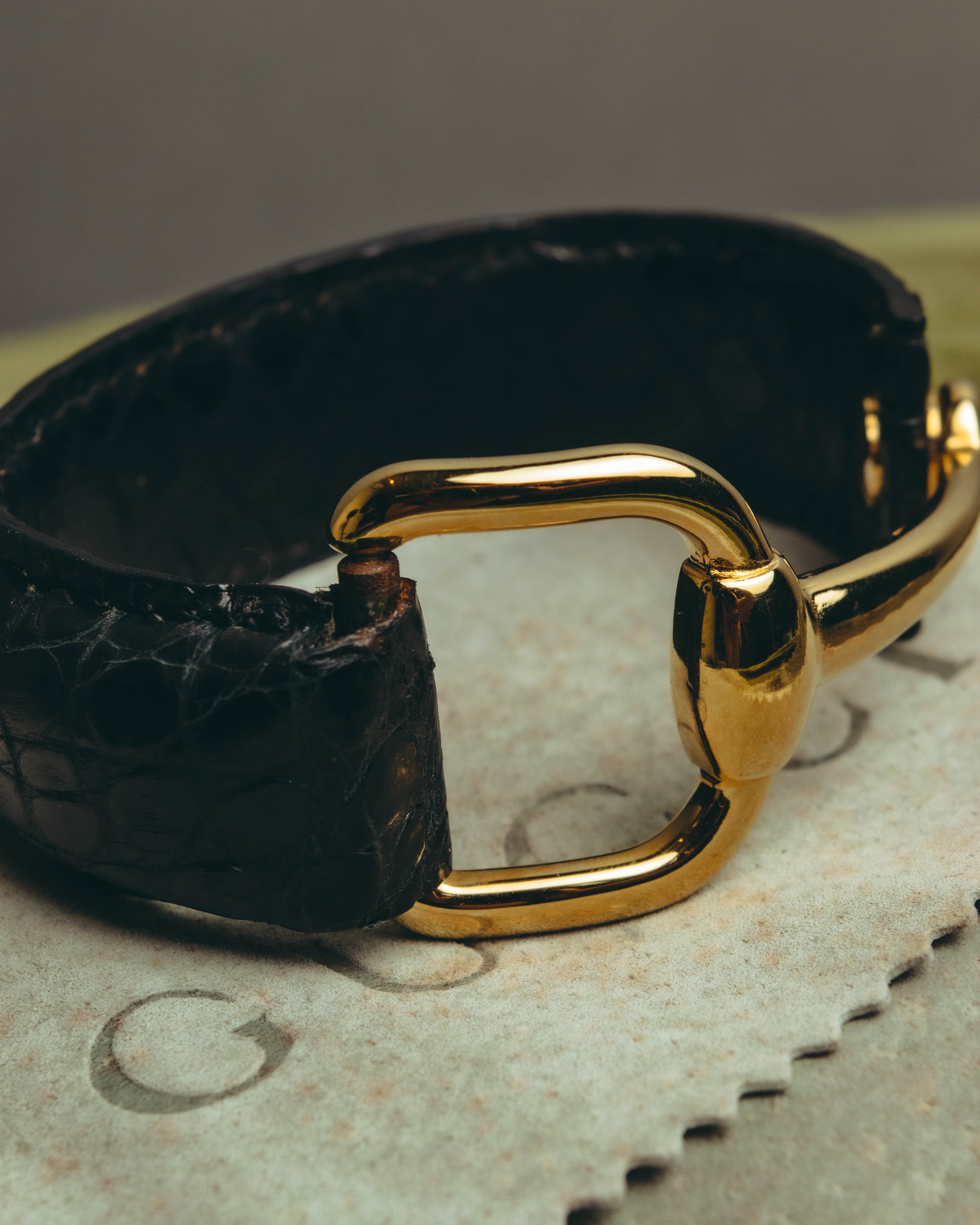 -SPECIAL- "GUCCI" 70's-80's Iconic horsebit crocodile leather cuff bangle