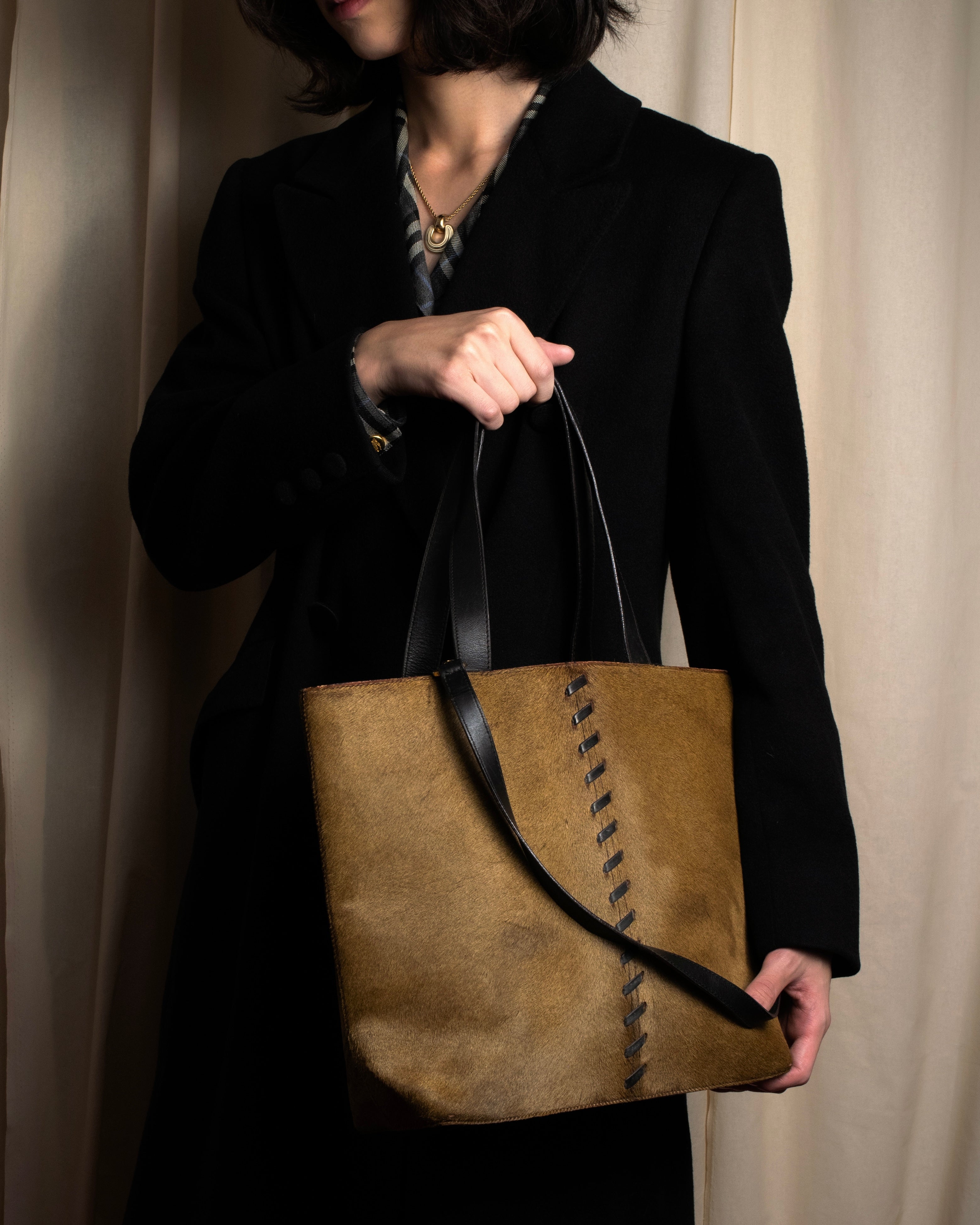 "YVES SAINT LAURENT" Hand-stitched design hair calf leather tote bag