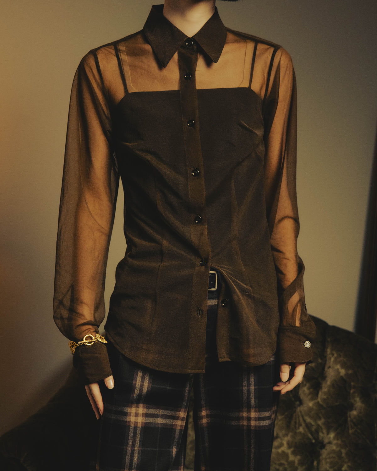 -SPECIAL- “Dries Van Noten” 20’s Sheer brown tailored long sleeve shirt