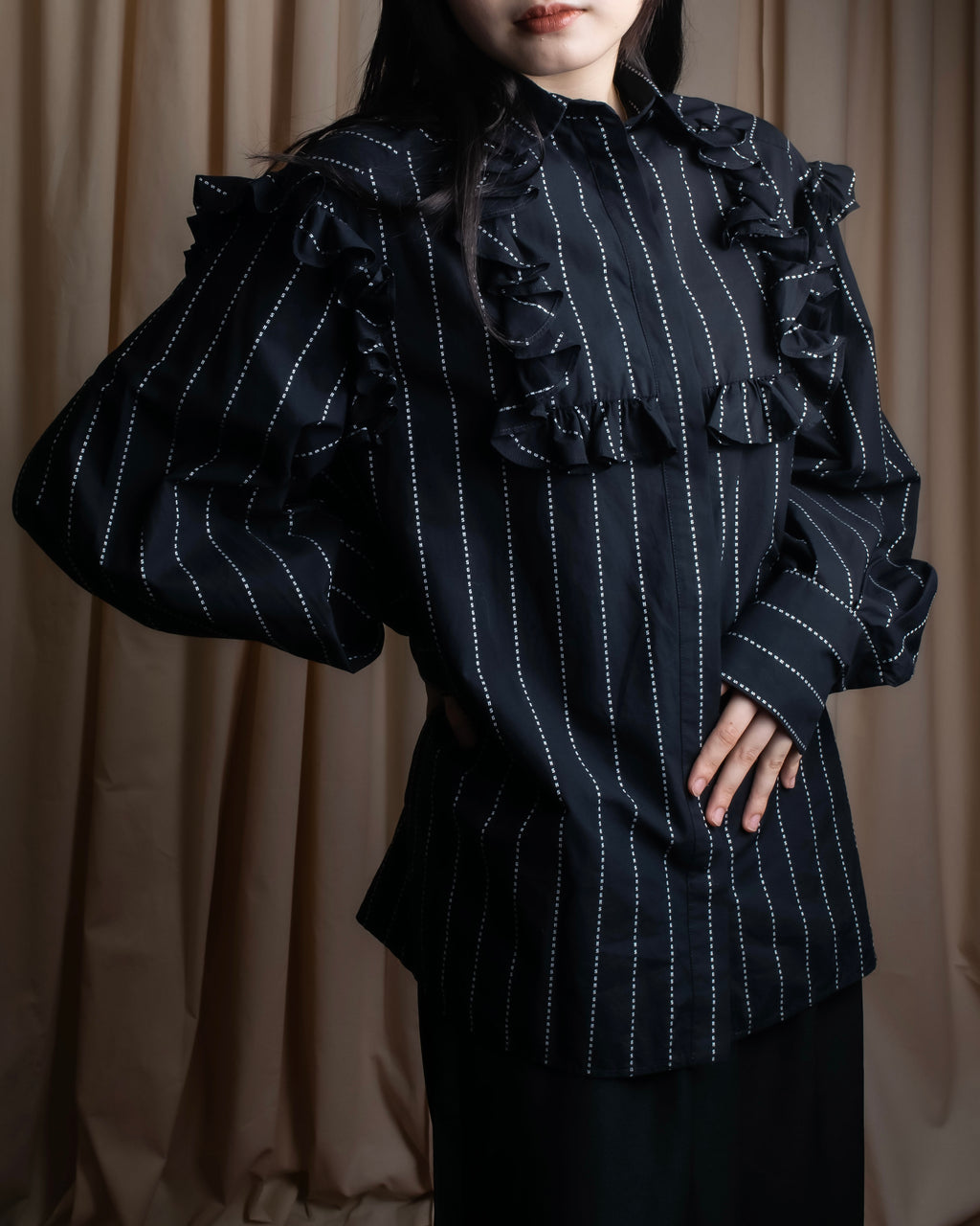 "MSGM" Frill design logo pinstripe pattern shirt