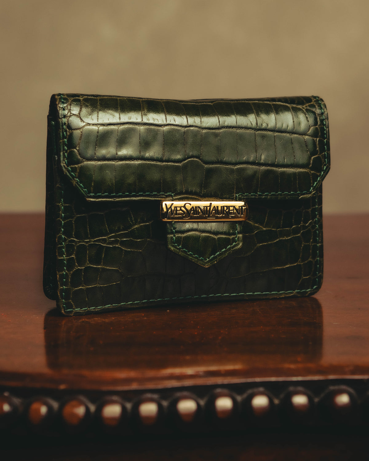 "Yves Saint Laurent" 80's Dark green crocodile compact wallet