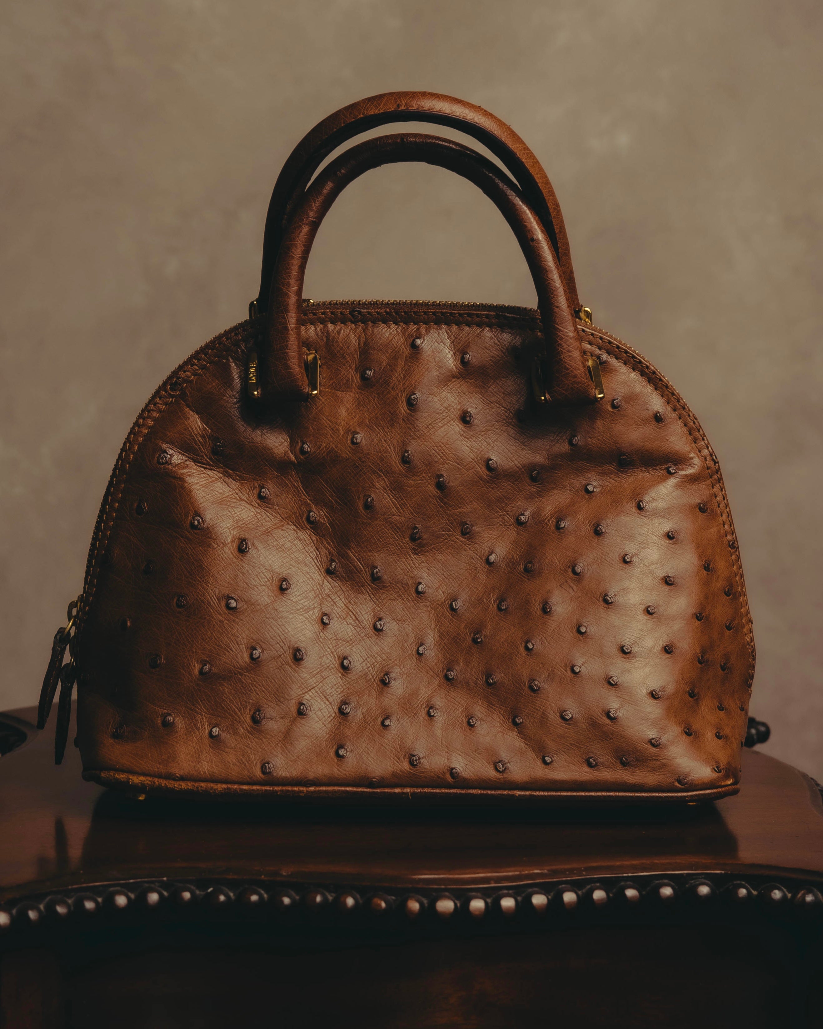 "LOEWE" 80's-90's Classic ostrich leather top handle handbag