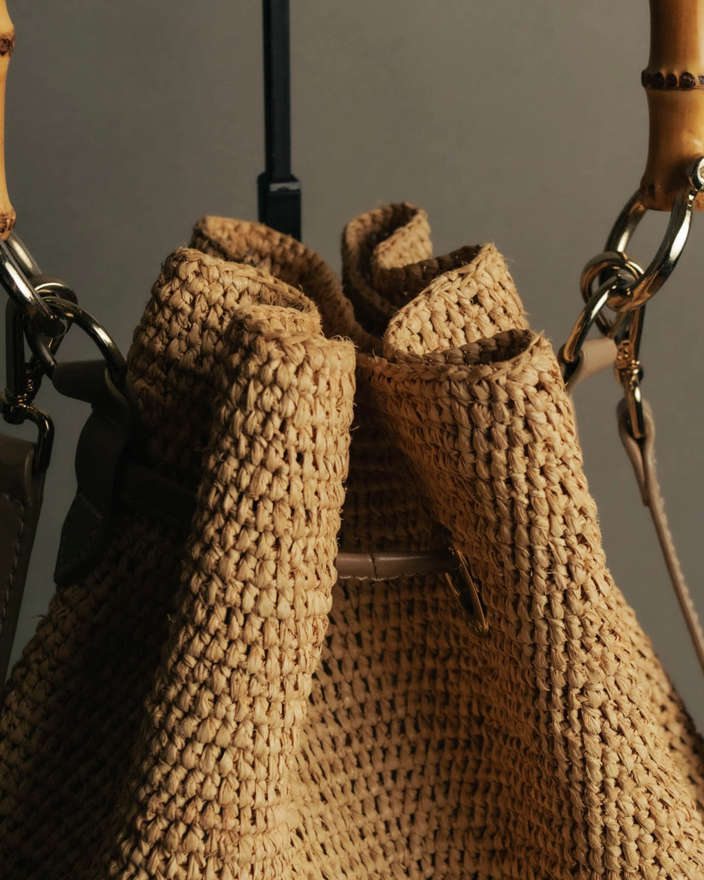 “Heidi Klein” Natural raffia bamboo handle bucket bag