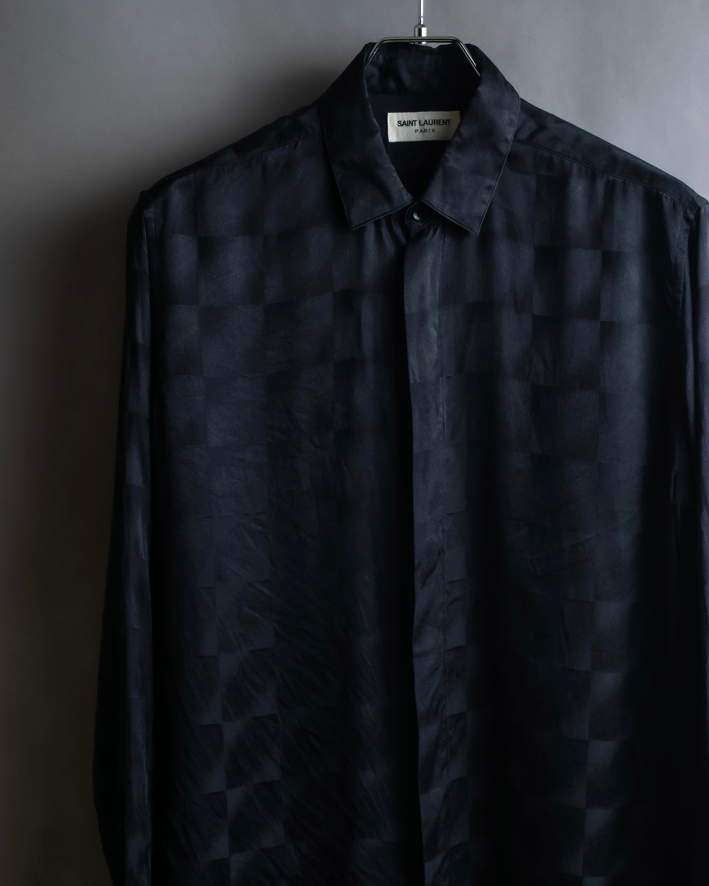 "Saint Laurent Paris" Geometric pattern fly front silk shirt