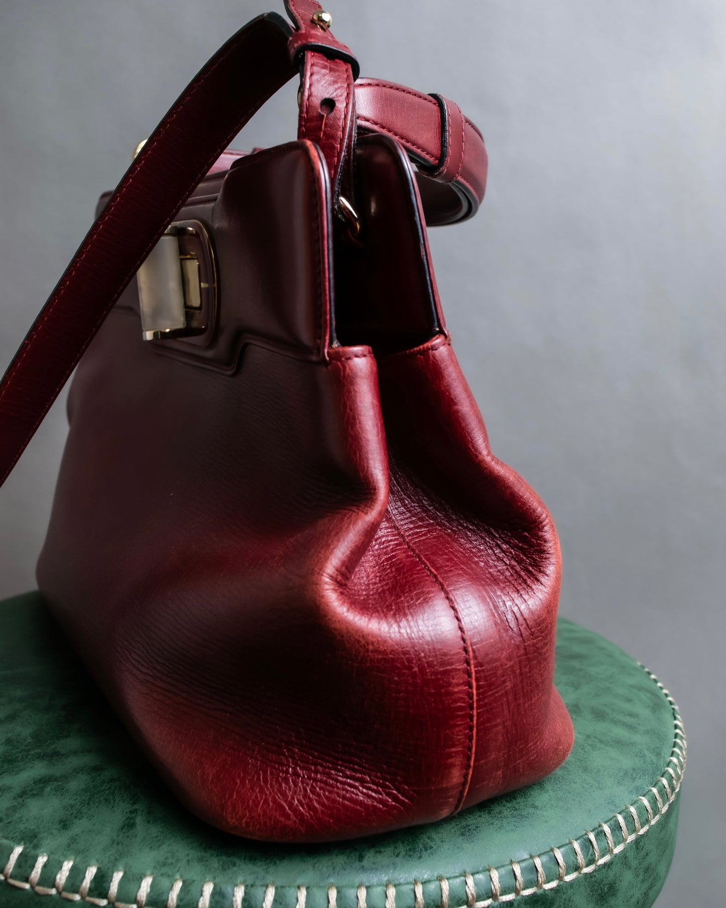 "BVLGARI" Marble motif burgundy color leather shoulder bag