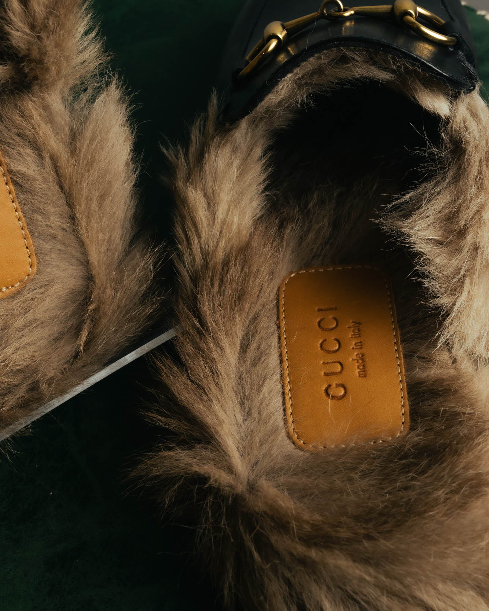 "GUCCI" Fur lined horsebit backless loafer
