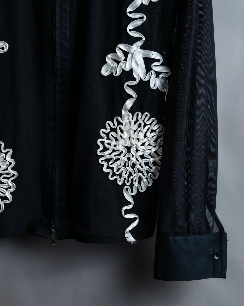 Vintage double zip ribbon flower design sheer jacket