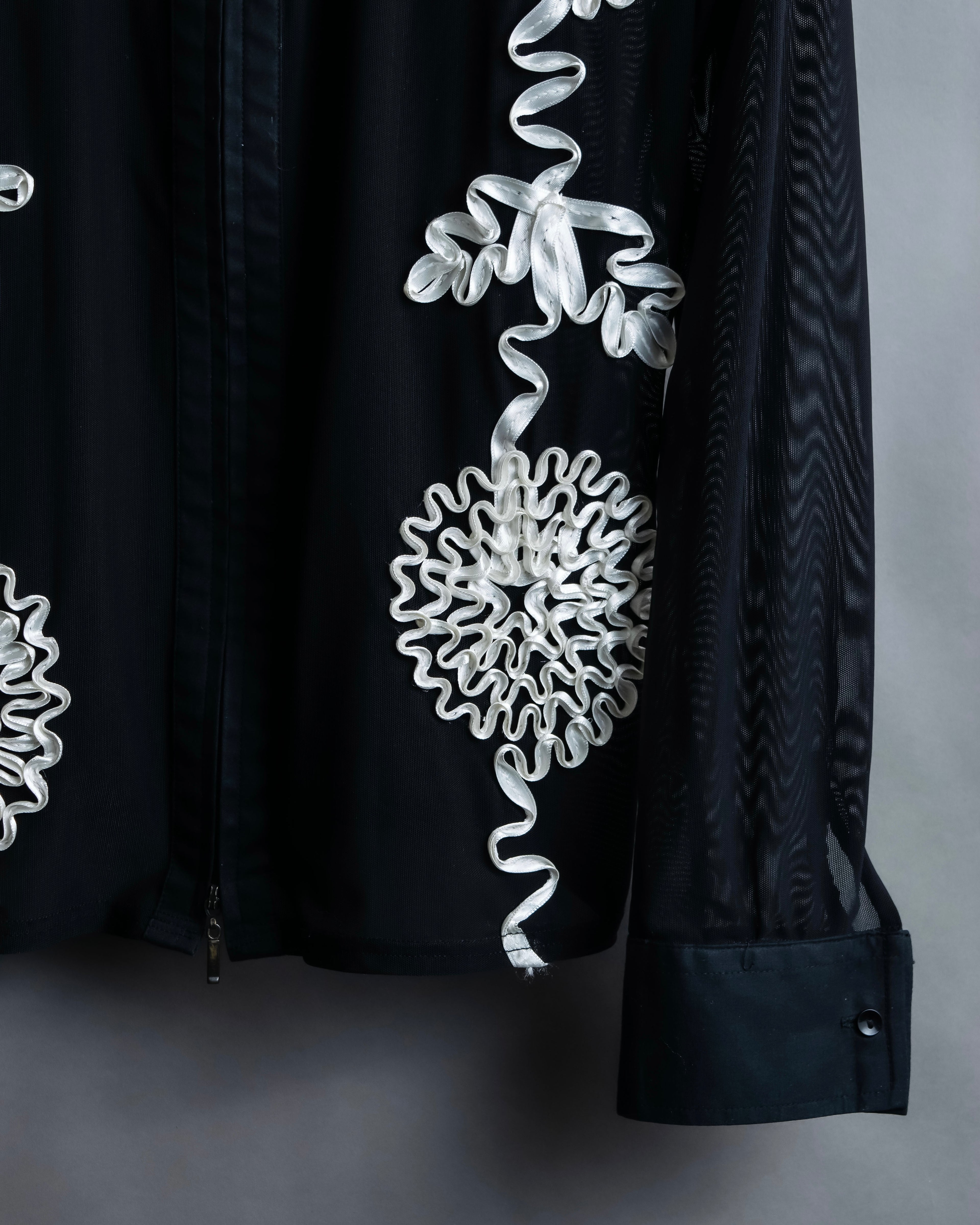 Vintage double zip ribbon flower design sheer jacket