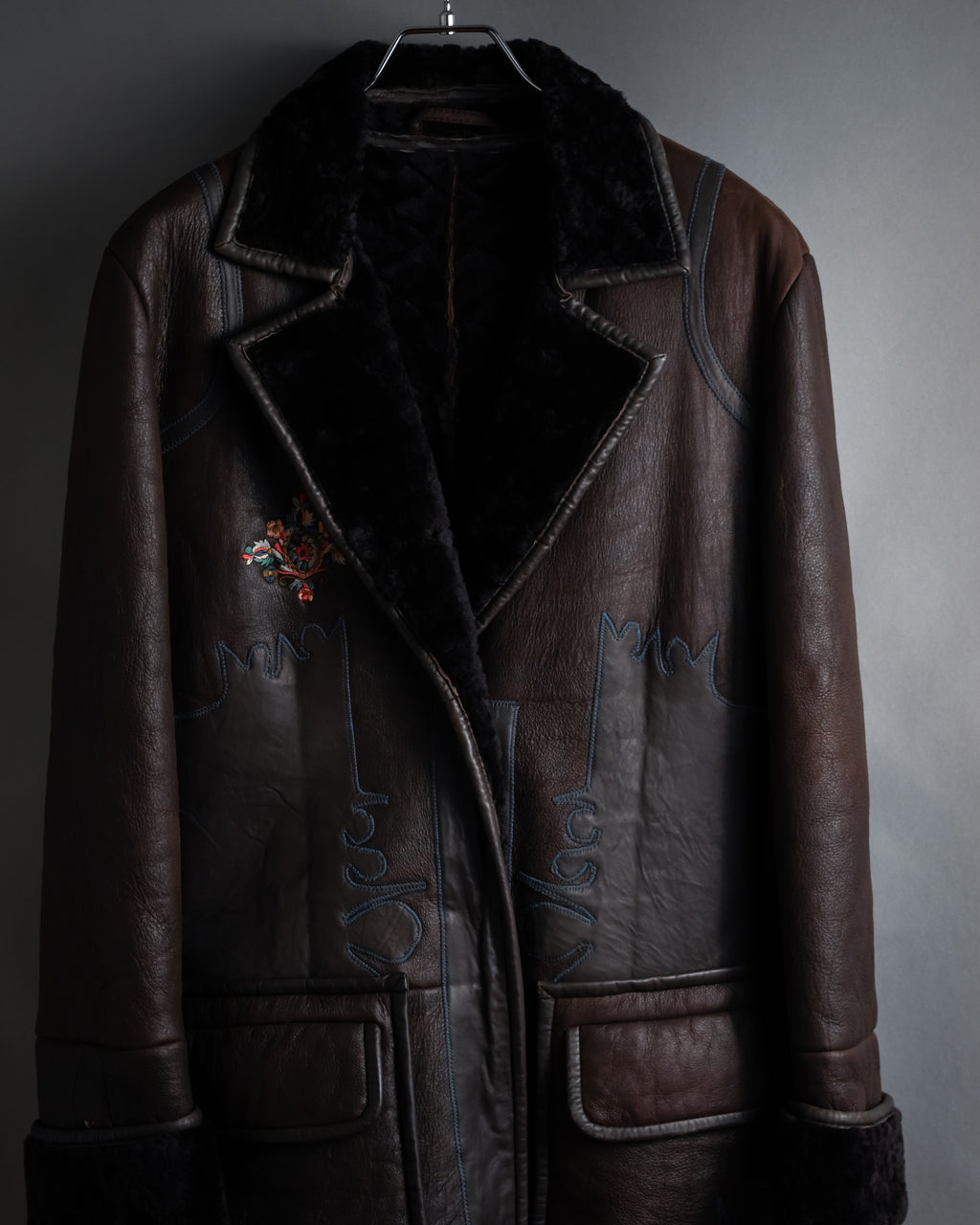 “KENZO” 80’s Folkloric shearling-lined leather long coat