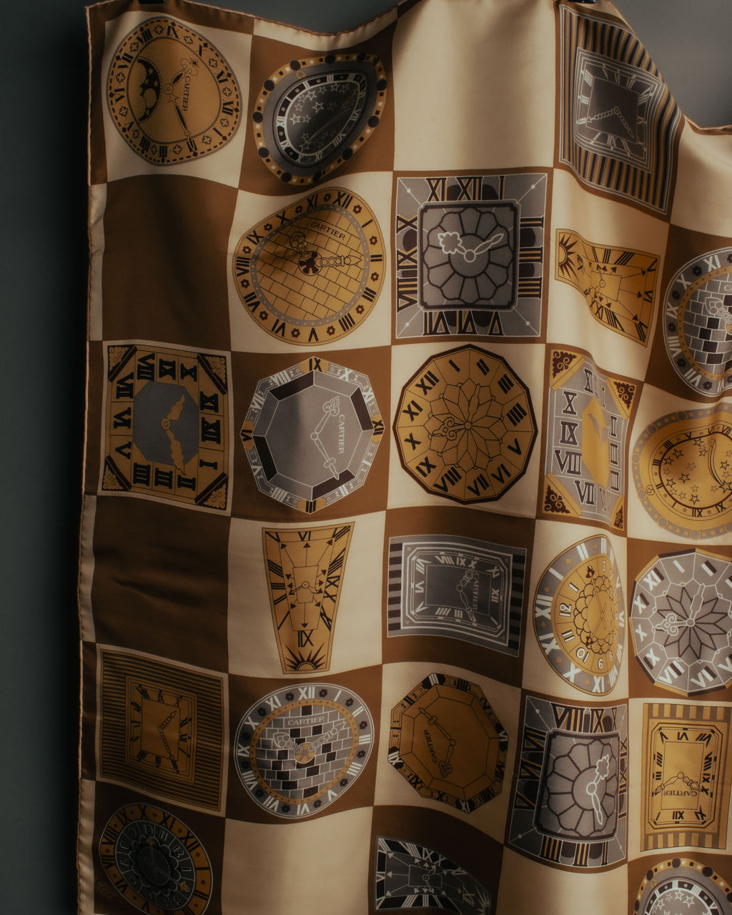“Cartier“ 80’s-90’s Timepiece motif silk scarf