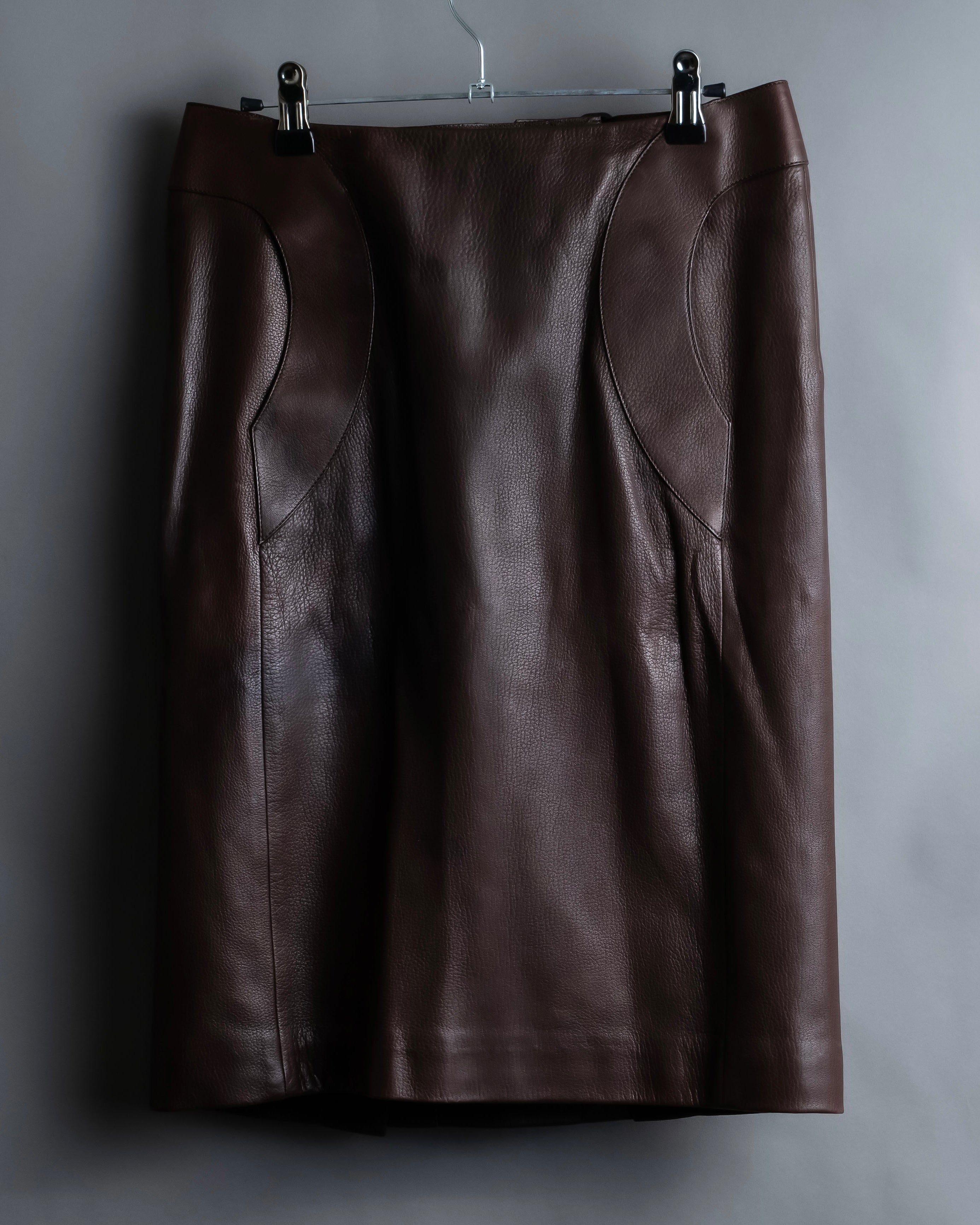 "Hermes by Gaultier" Round Pocket Wine Red Leather Skirt