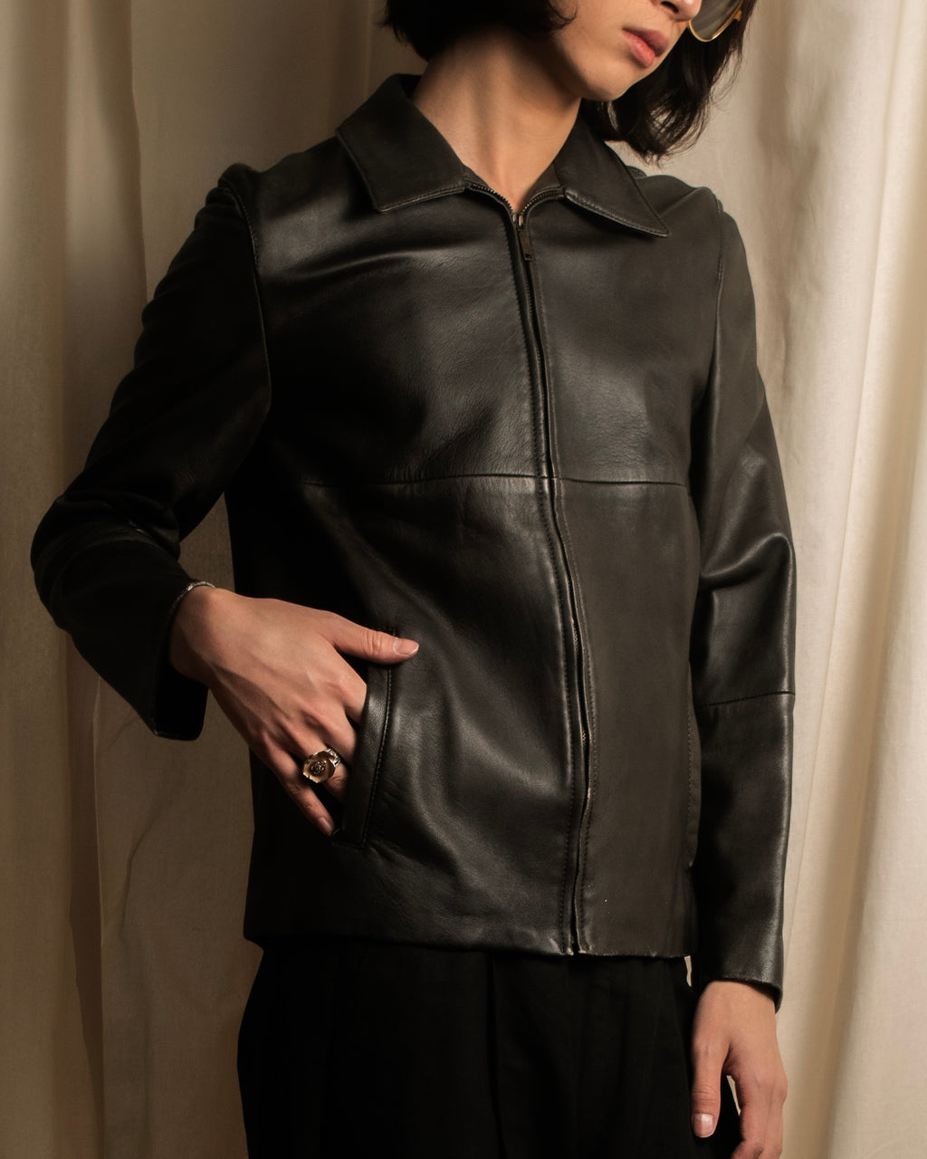 "Weekend Max Mara" Minimalist design center zip-up leather jacket