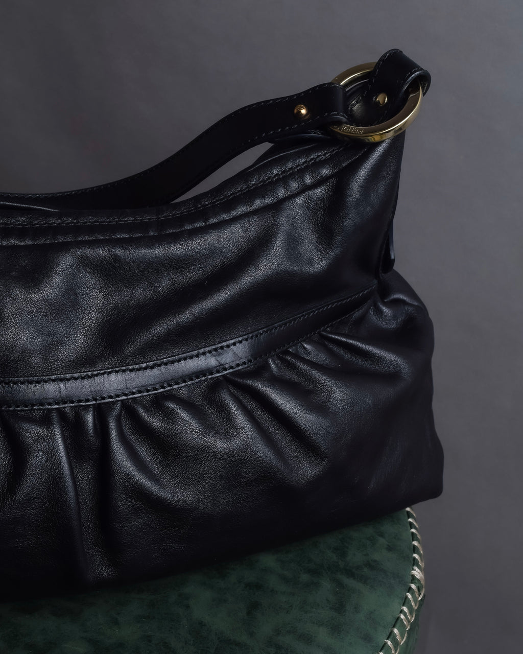 "FENDI" Gold metal gatherd design leather one-shoulder bag