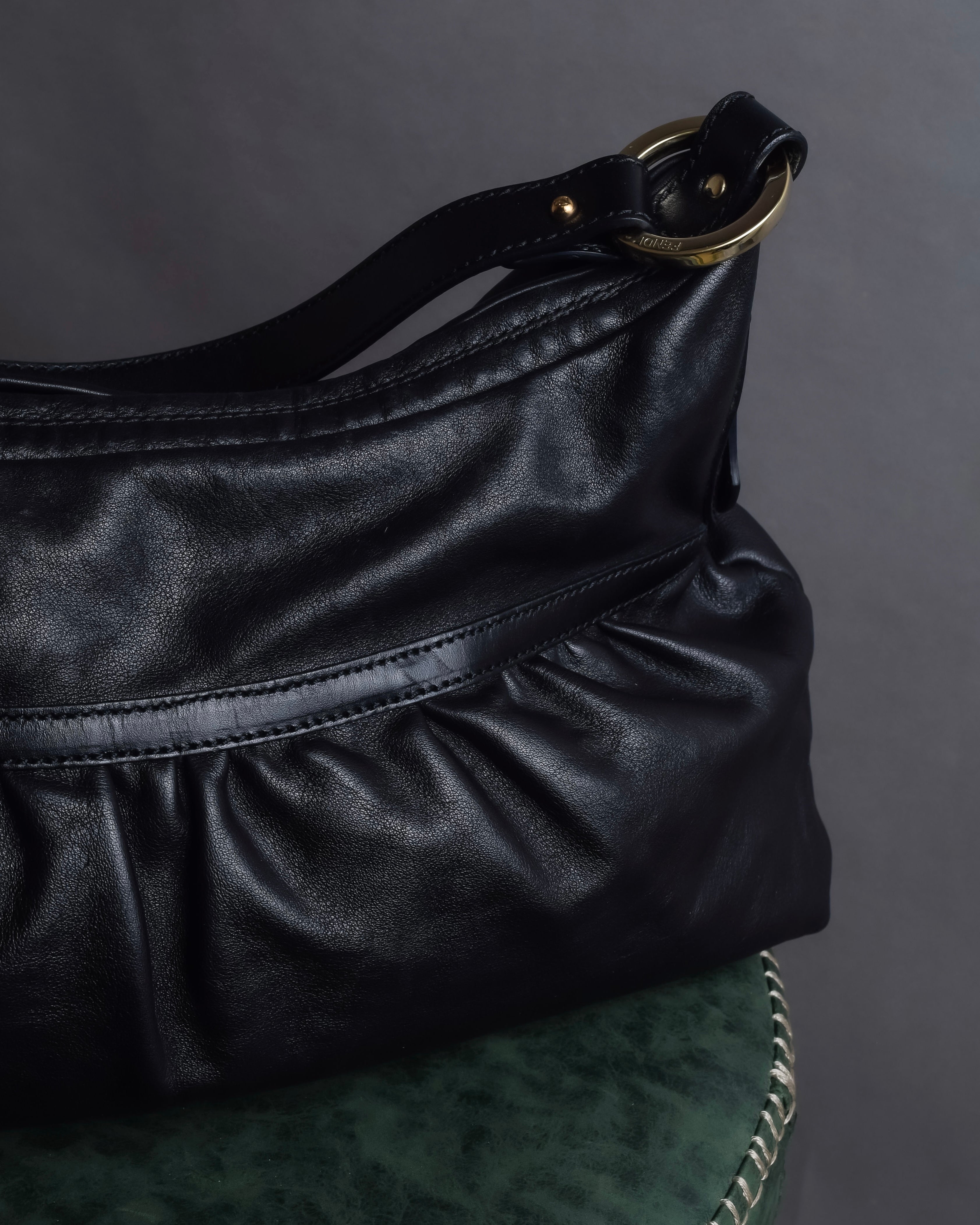 "FENDI" Gold metal gatherd design leather one-shoulder bag