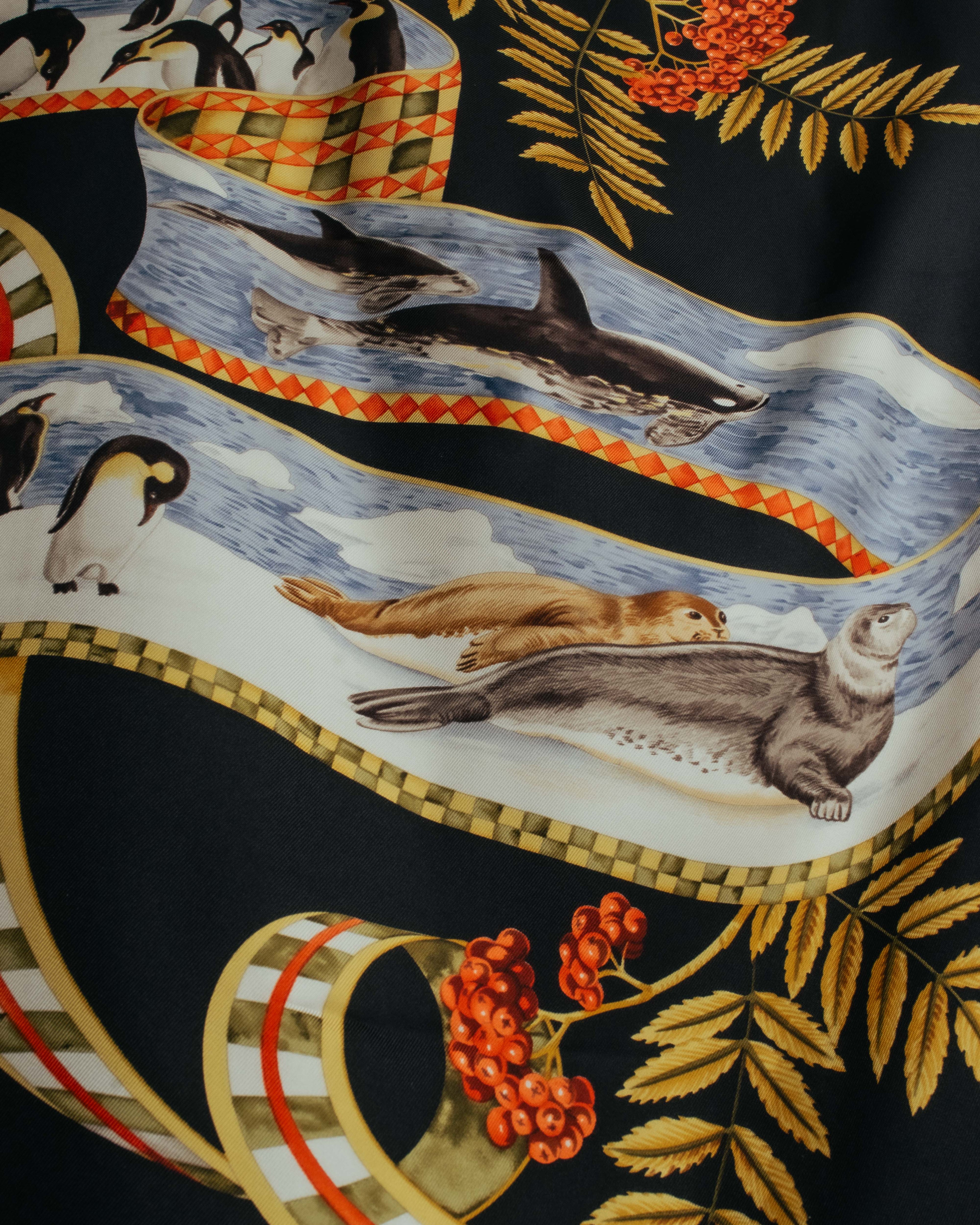 "Salvatore Ferragamo" 90's-00's Vintage arctic fauna and scrolling ribbon silk scarf
