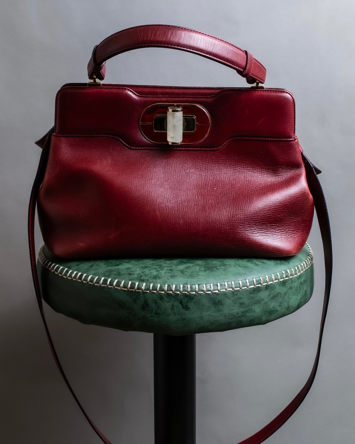 "BVLGARI" Marble motif burgundy color leather shoulder bag