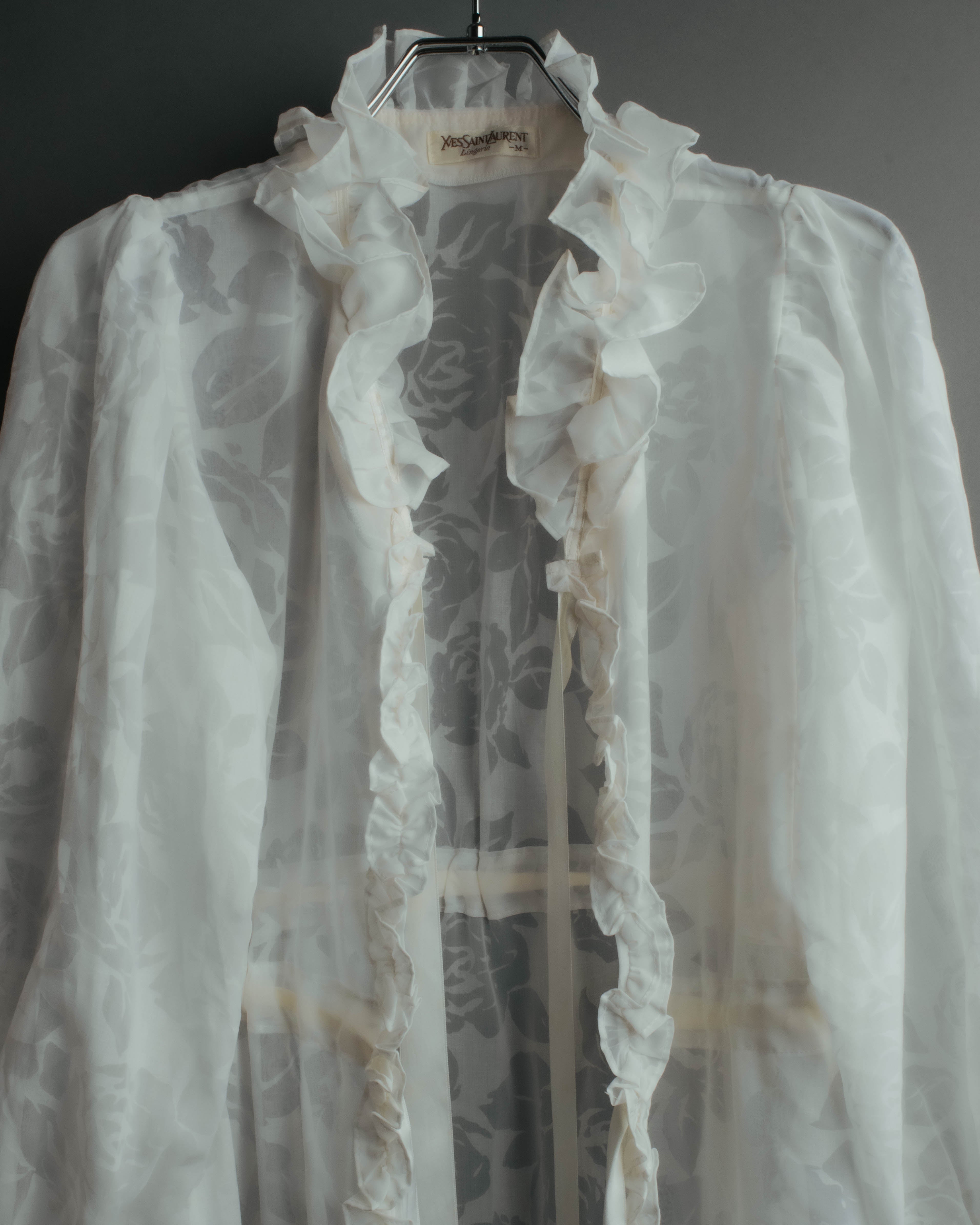 “Yves Saint Laurent” 80’s-90’s Sheer floral ruffle lingerie robe