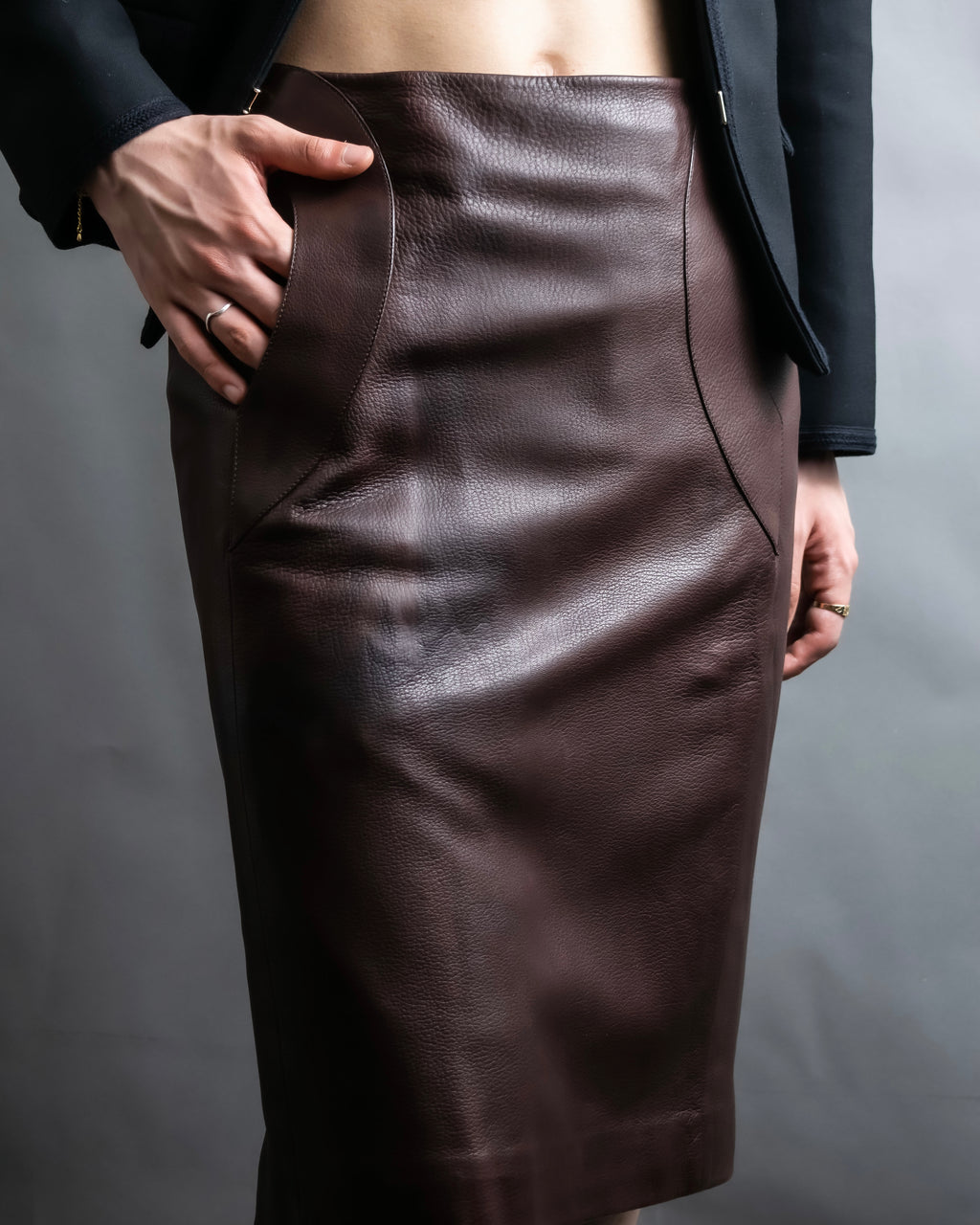 "Hermes by Gaultier" Round Pocket Wine Red Leather Skirt