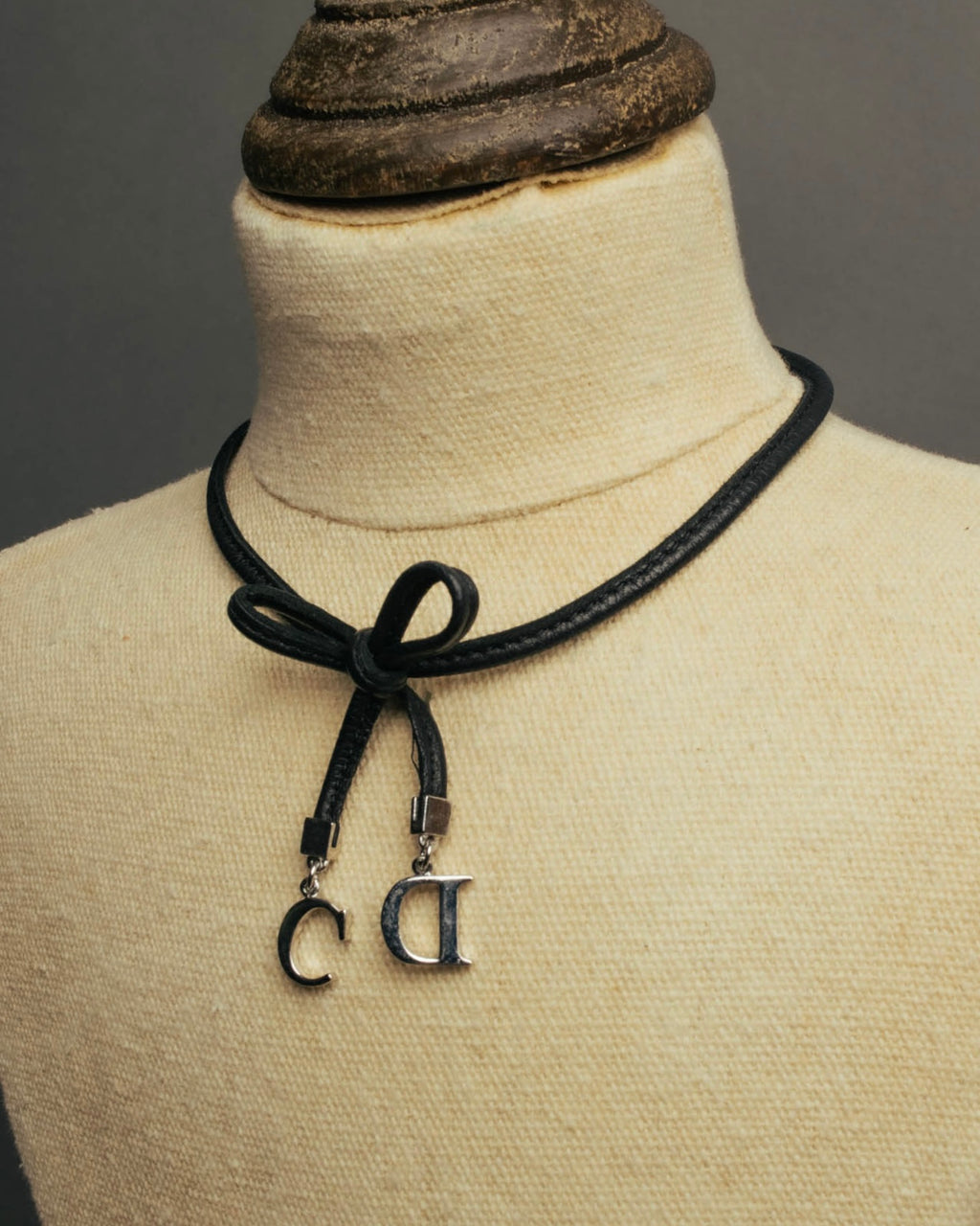 "Christian Dior" Ribbon charm leather cord choker necklace