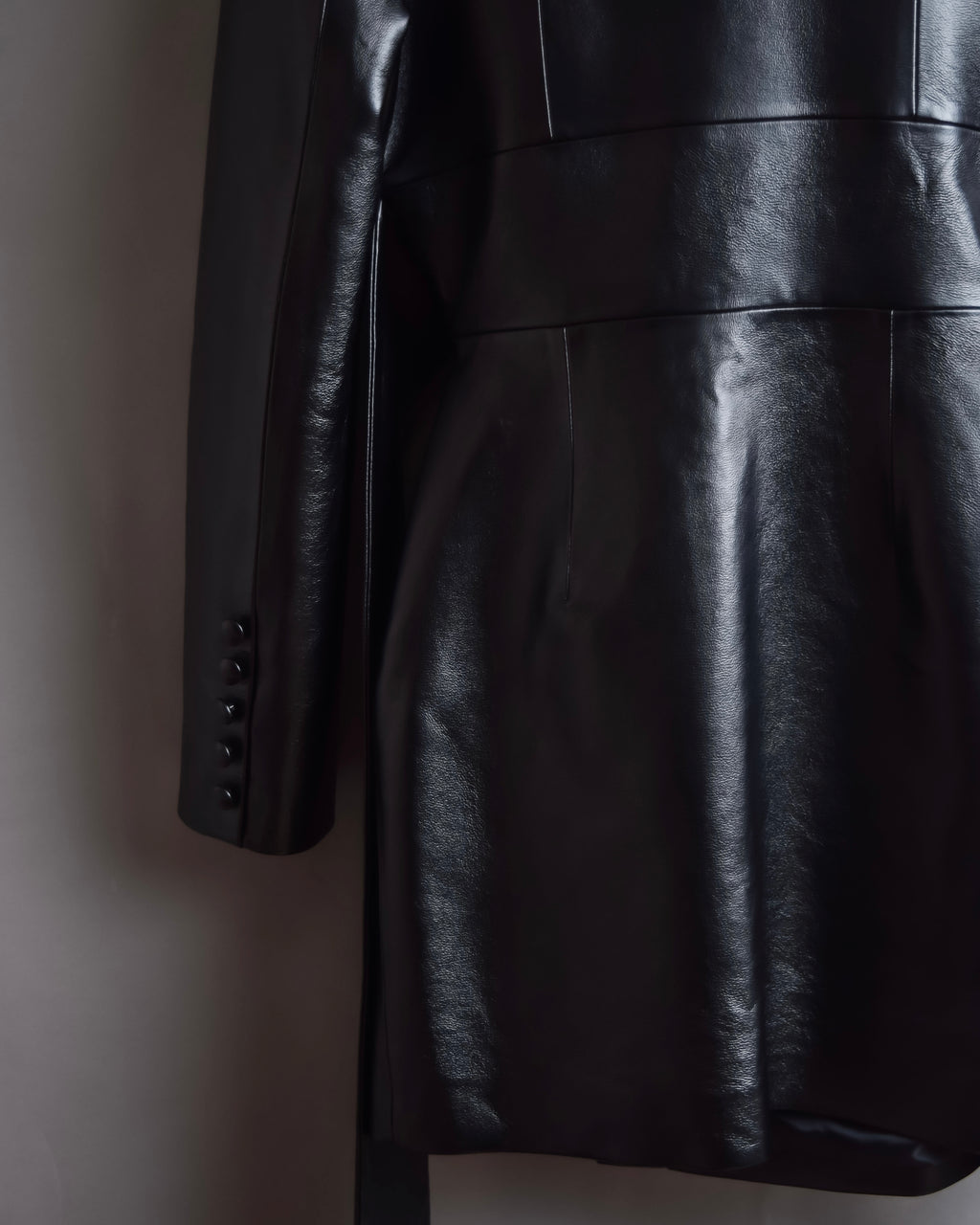 "MATÉRIEL TBILISI" Draped belted synthetic leather long jacket