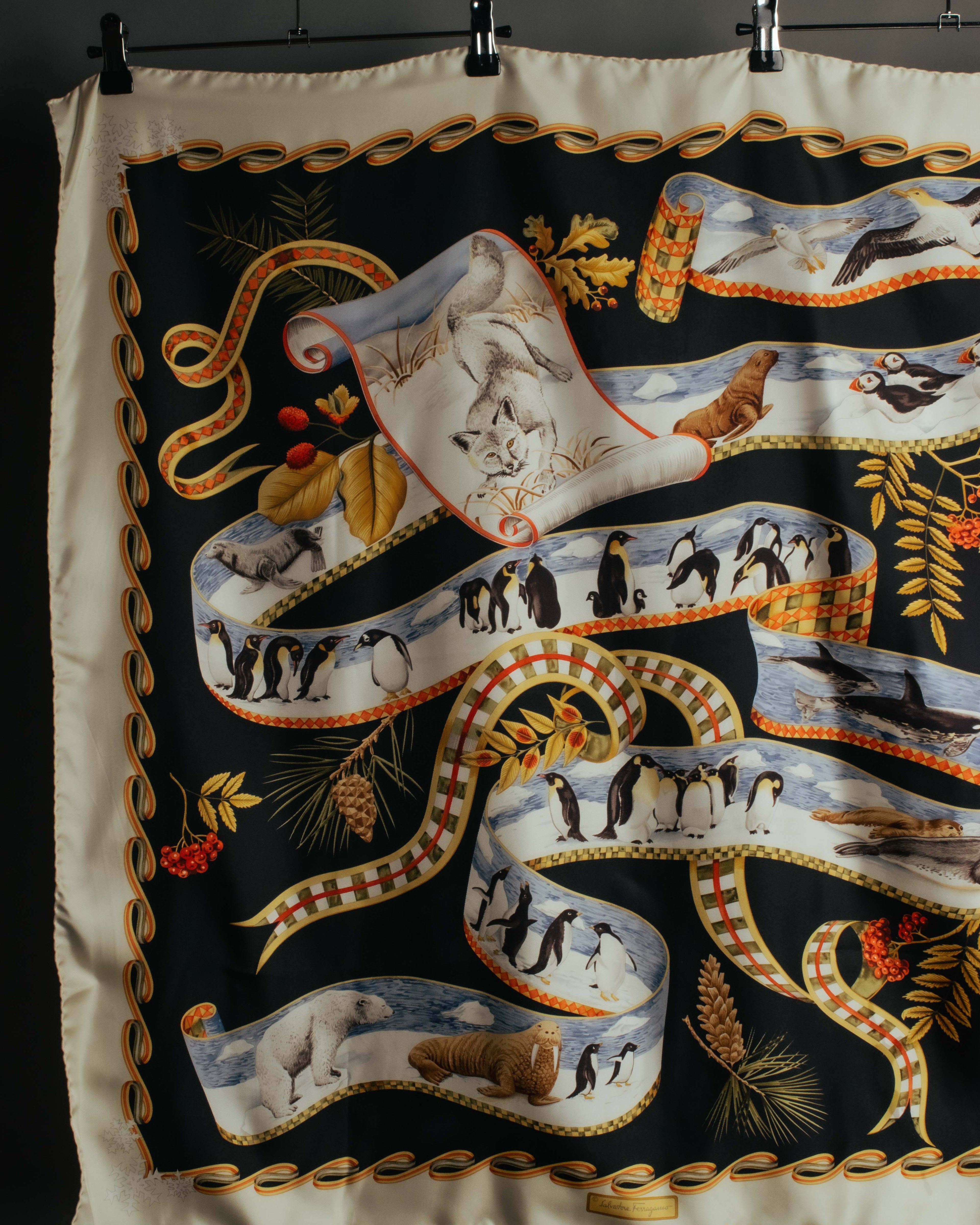 "Salvatore Ferragamo" 90's-00's Vintage arctic fauna and scrolling ribbon silk scarf