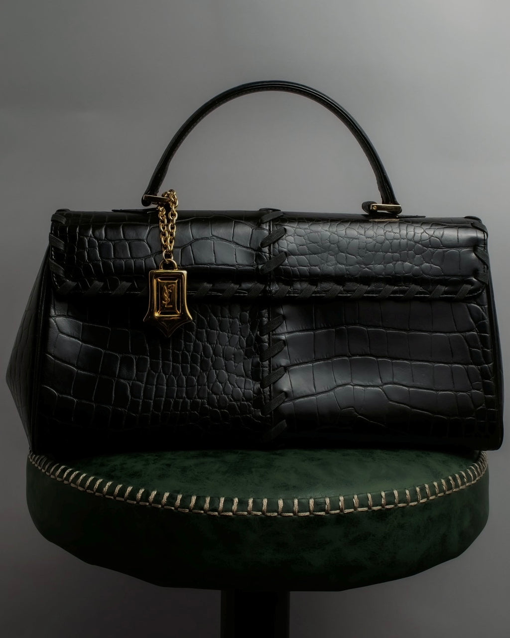 "YVES SAINT LAURENT" Whip stitch design crocodile foil stamped leather hand bag