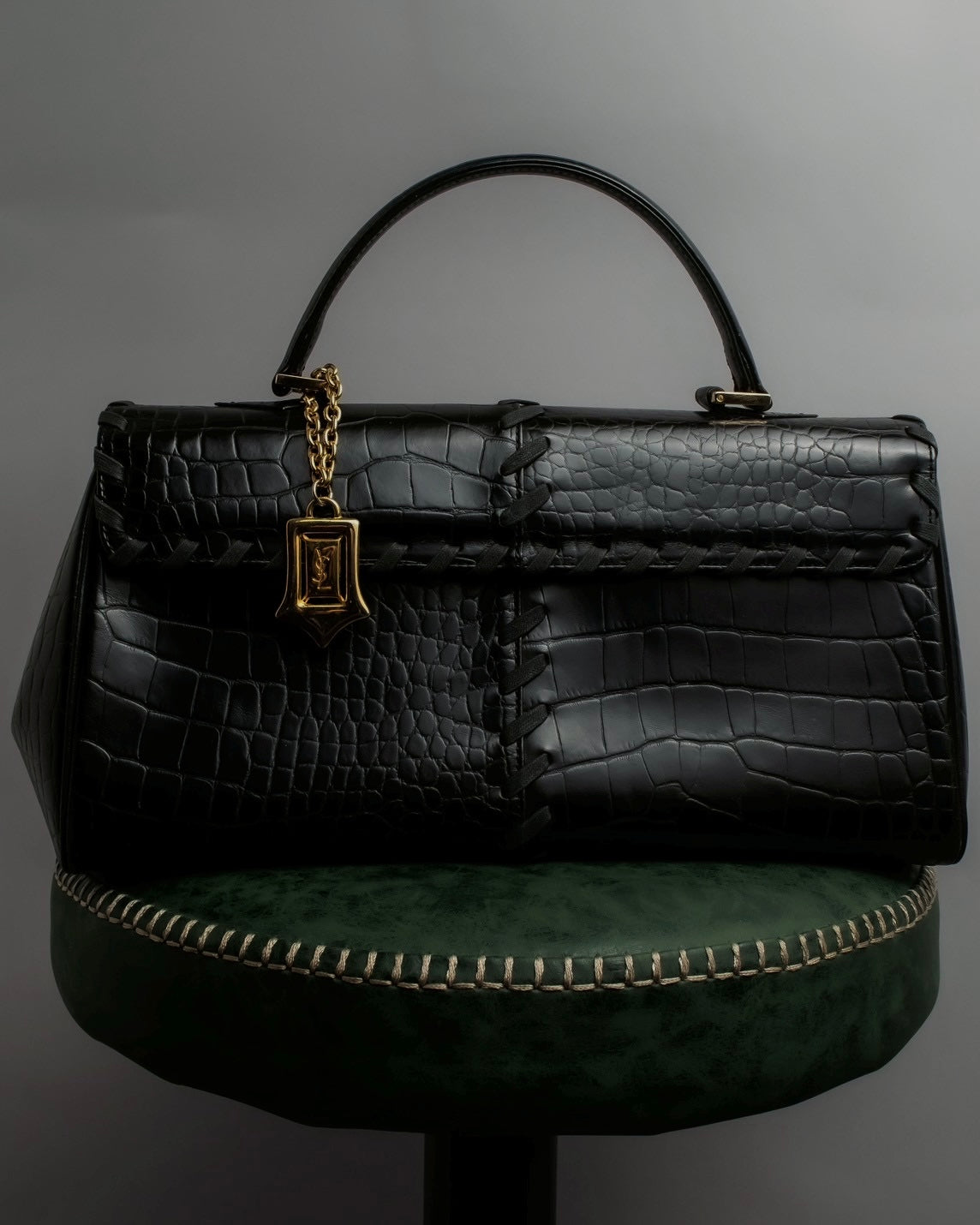 "YVES SAINT LAURENT" Whip stitch design crocodile foil stamped leather hand bag