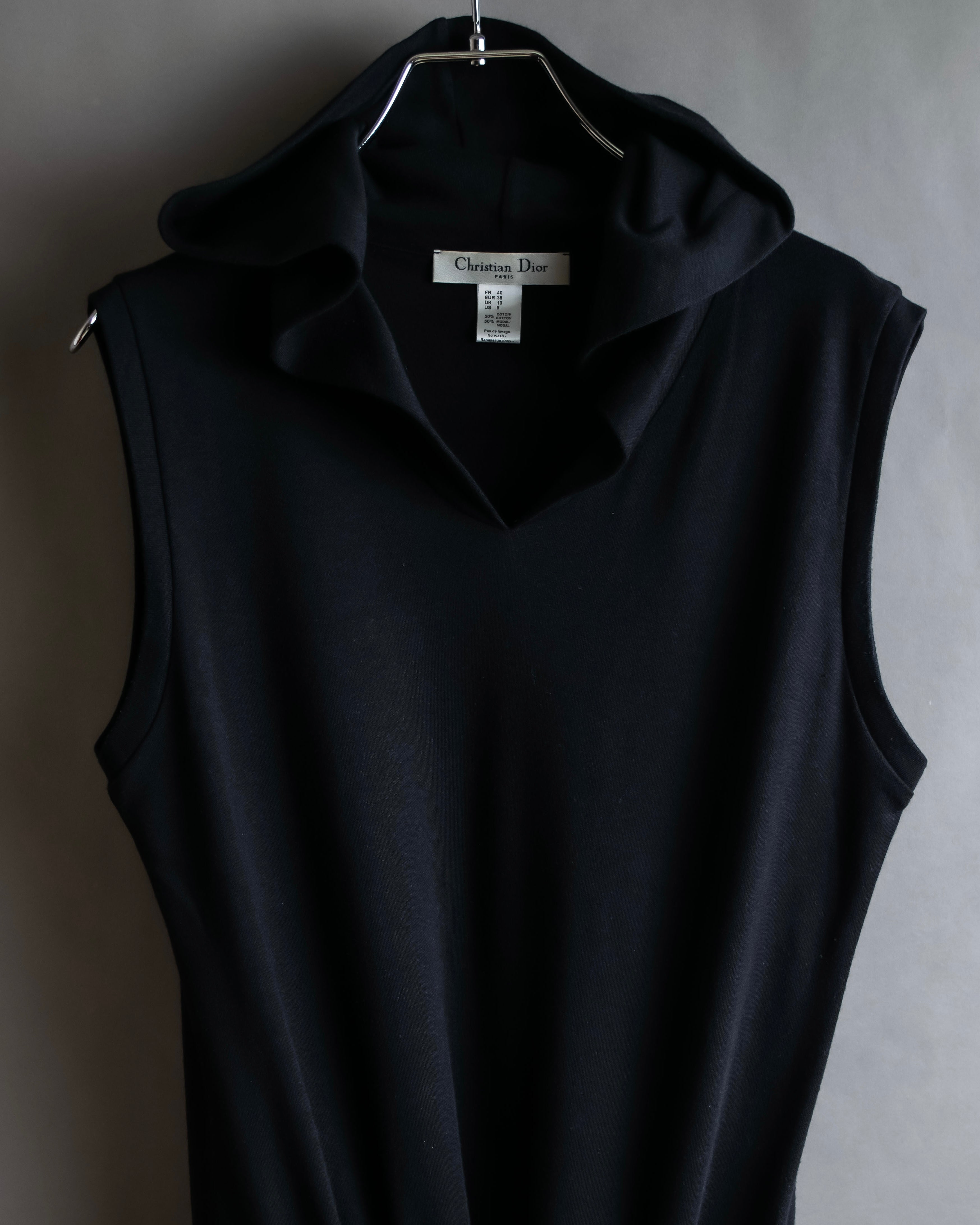 "Christian Dior" Satin ribbon waist detail hooded dress