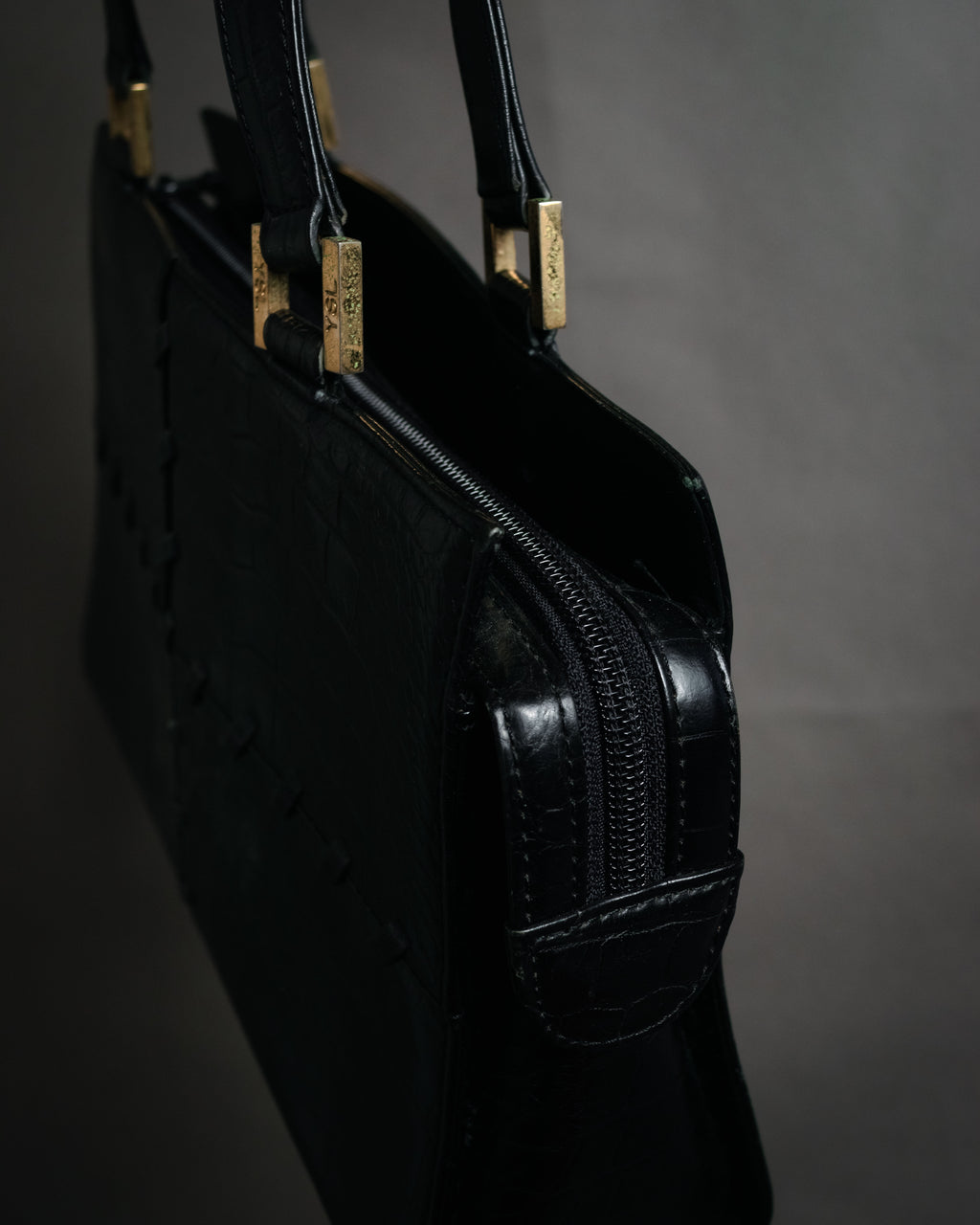 “YVES SAINT LAURENT” 90’s–Early 00’s Croc embossed leather woven stitch tote bag
