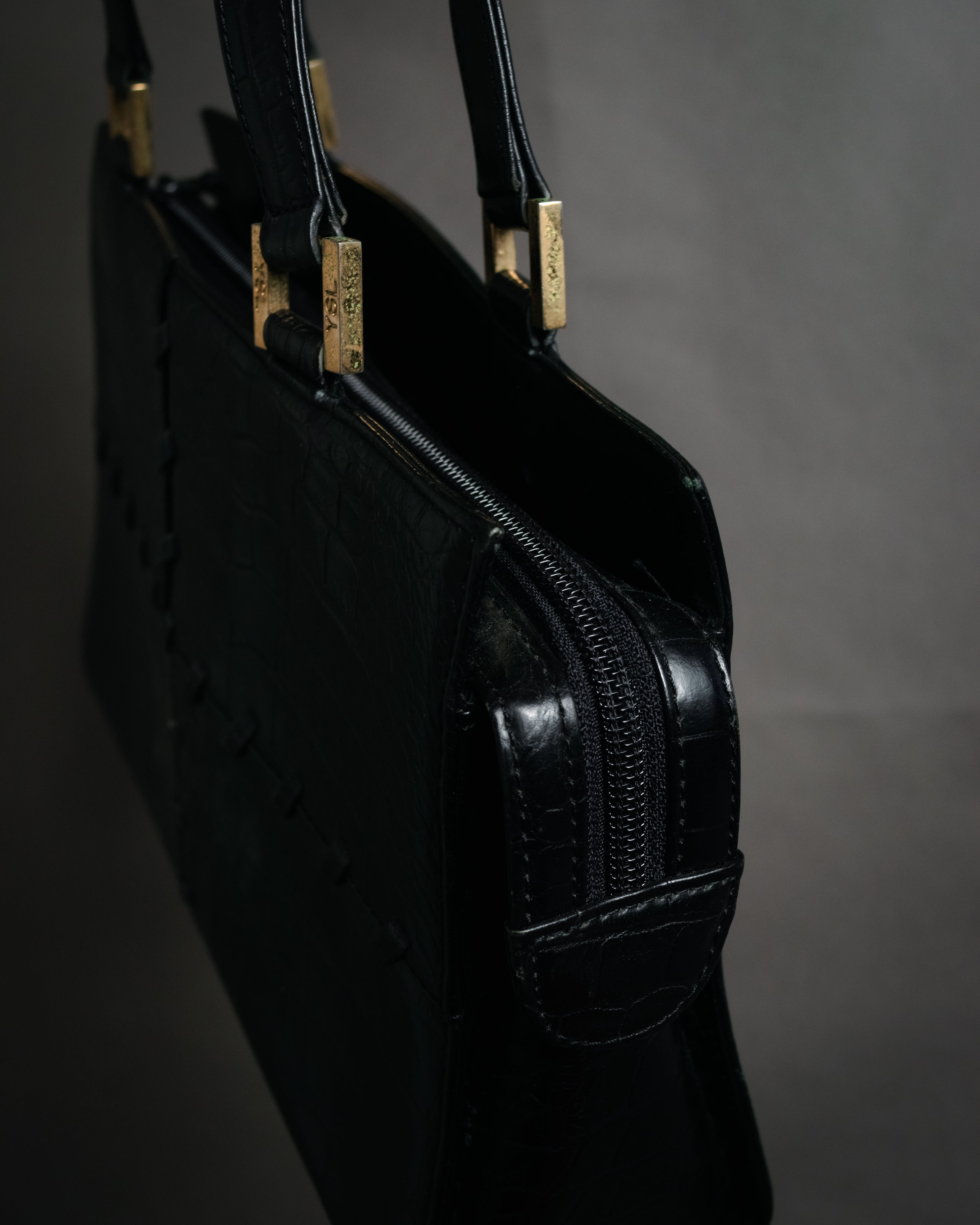 “YVES SAINT LAURENT” 90’s–Early 00’s Croc embossed leather woven stitch tote bag