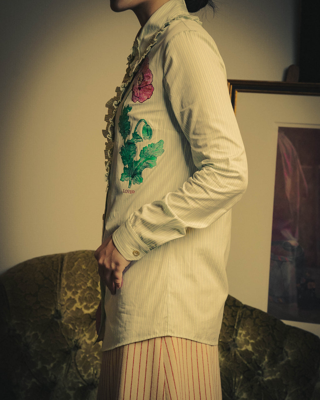 -SPECIAL- “GUCCI” 2017-2019 Floral embroidered ruffled striped shirt