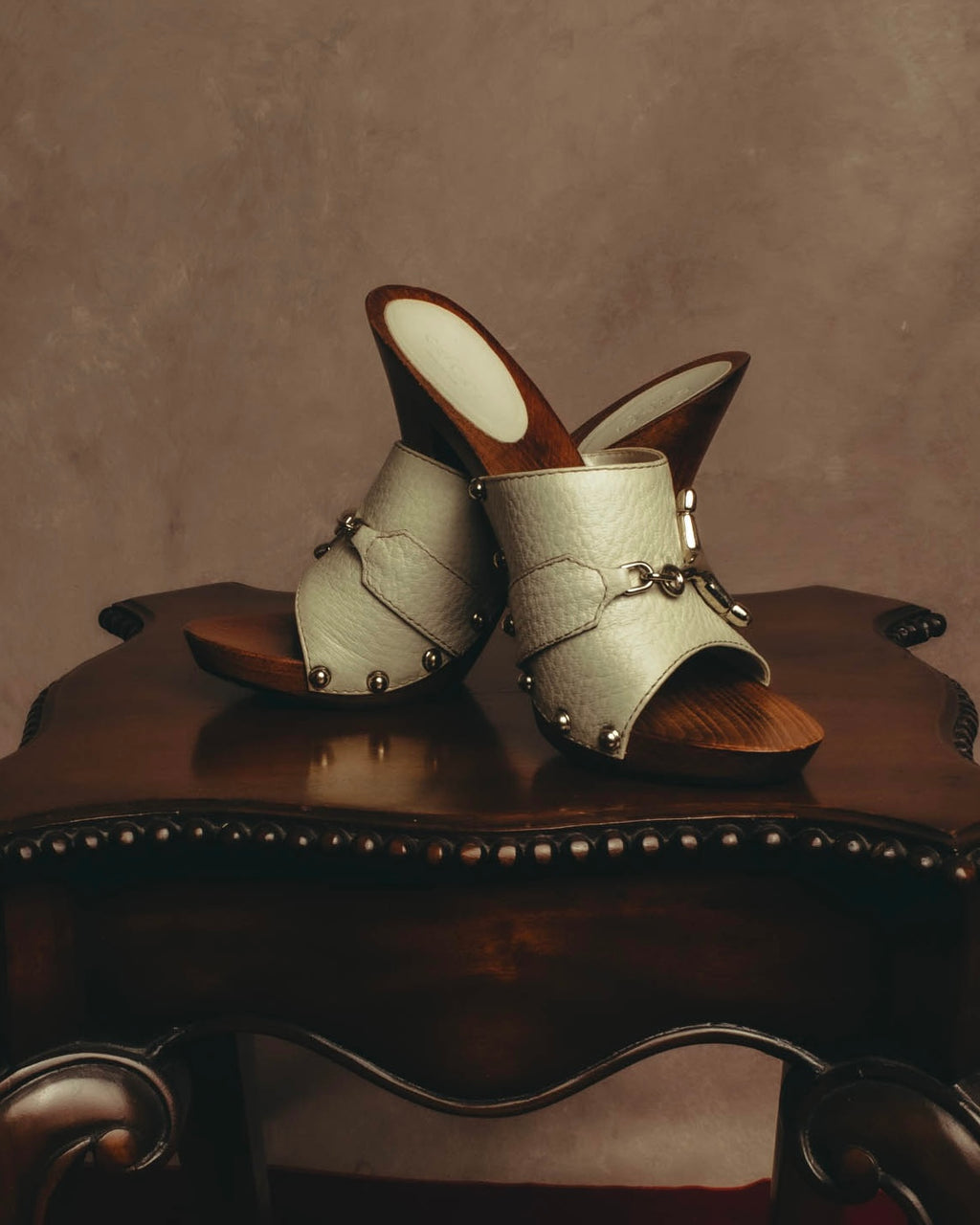 "GUCCI" 90's-00's Horsebit studded wood wedge mule sandals