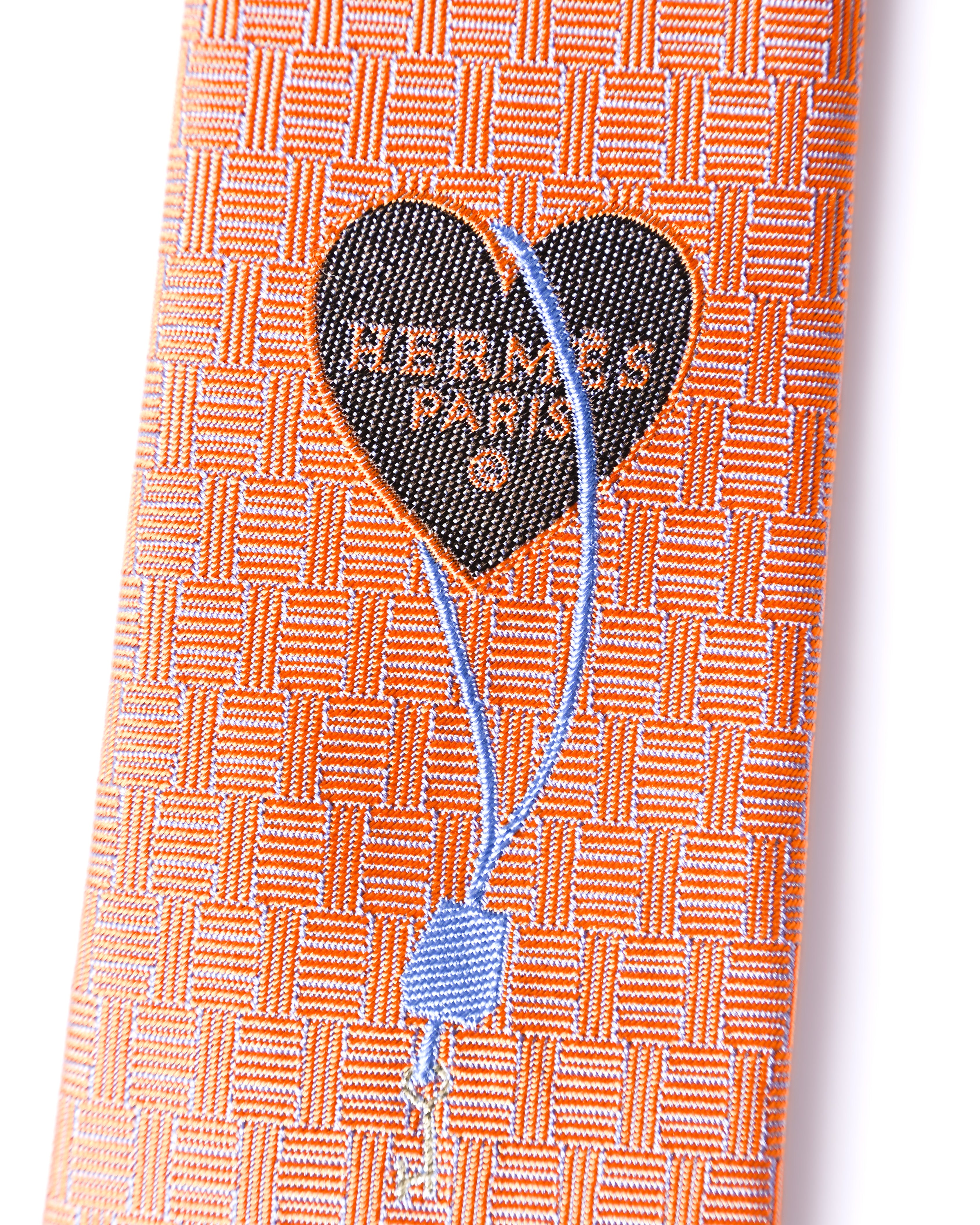 HERMES/ Heart Lock Motif H Patterned Silk Tie Orange