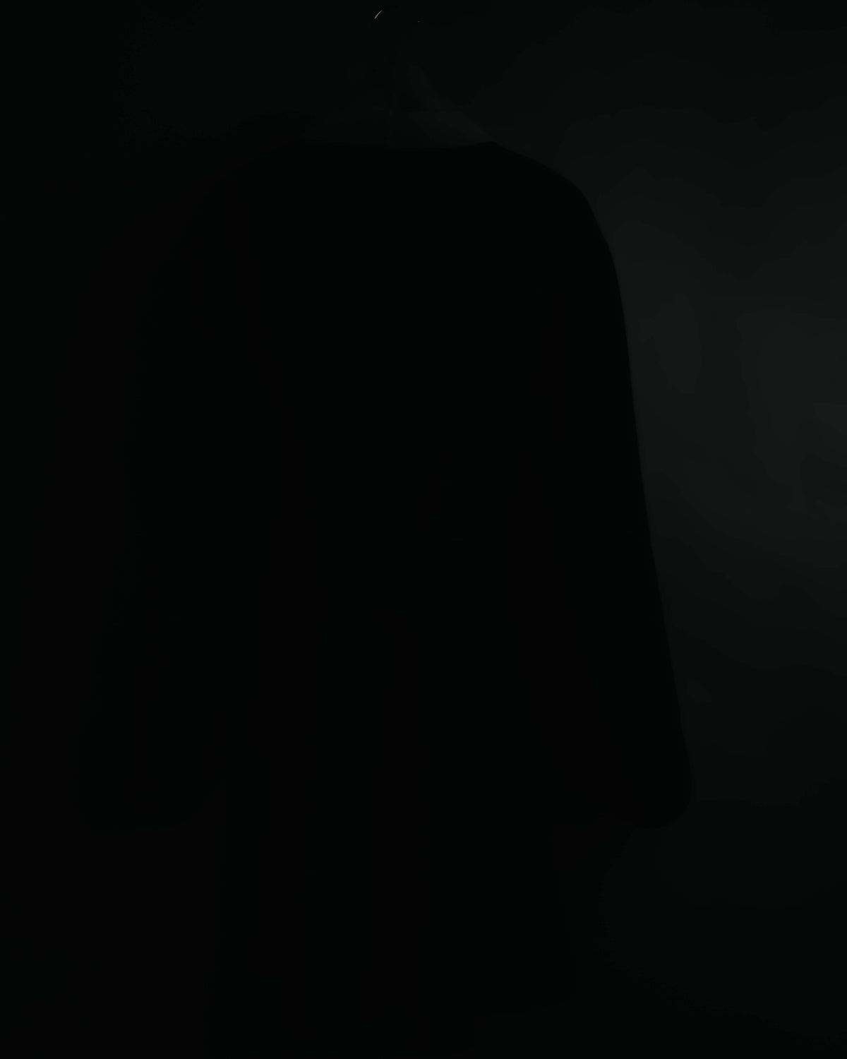 ブラックの身頃を背面から捉えたカット。なだらかな肩線から直線的に伸びる袖の輪郭が確認できます。