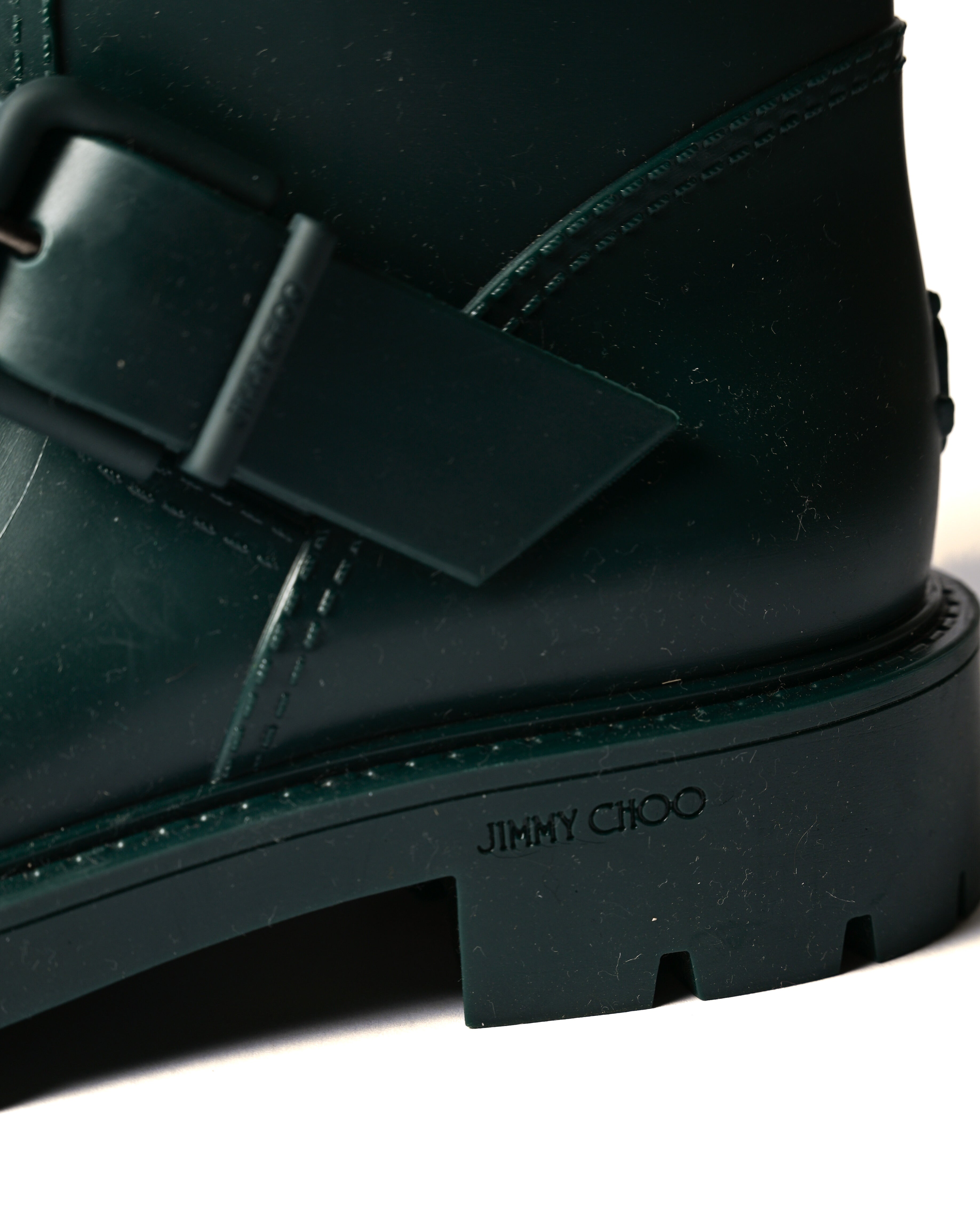 JIMMY CHOO/ Belts Detailed Rubber Rain Boots Dark Green
