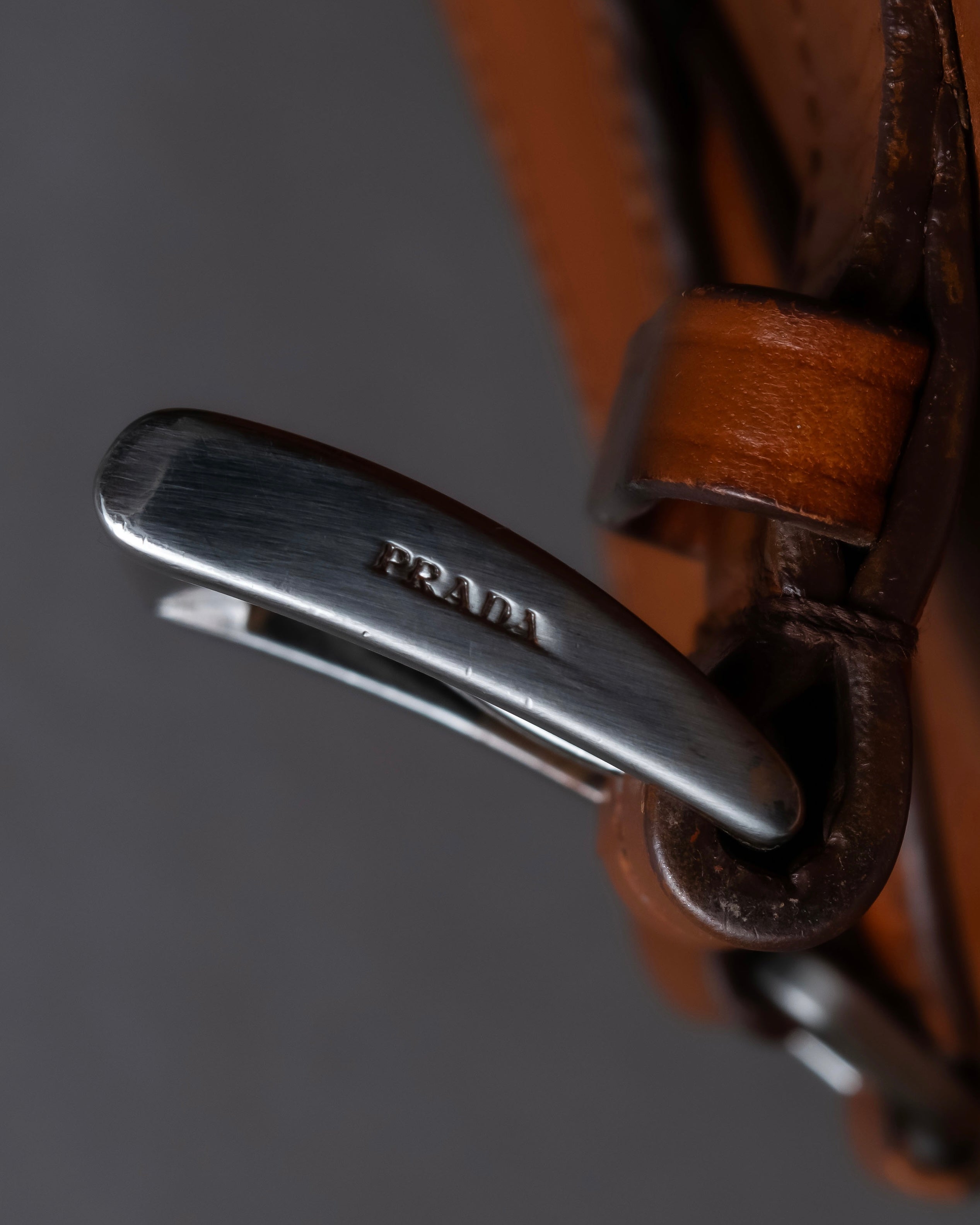 "PRADA" Belt flap detail rounded boston leather bag