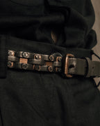 "CELINE" Triomphe motif stud design leather narrow belt