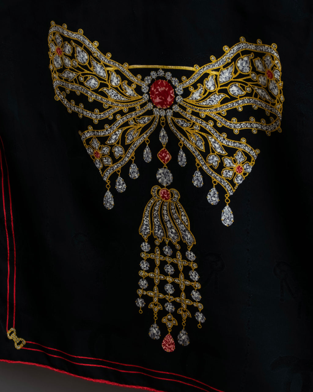 "Cartier" Gemstone brooch motif silk square scarf