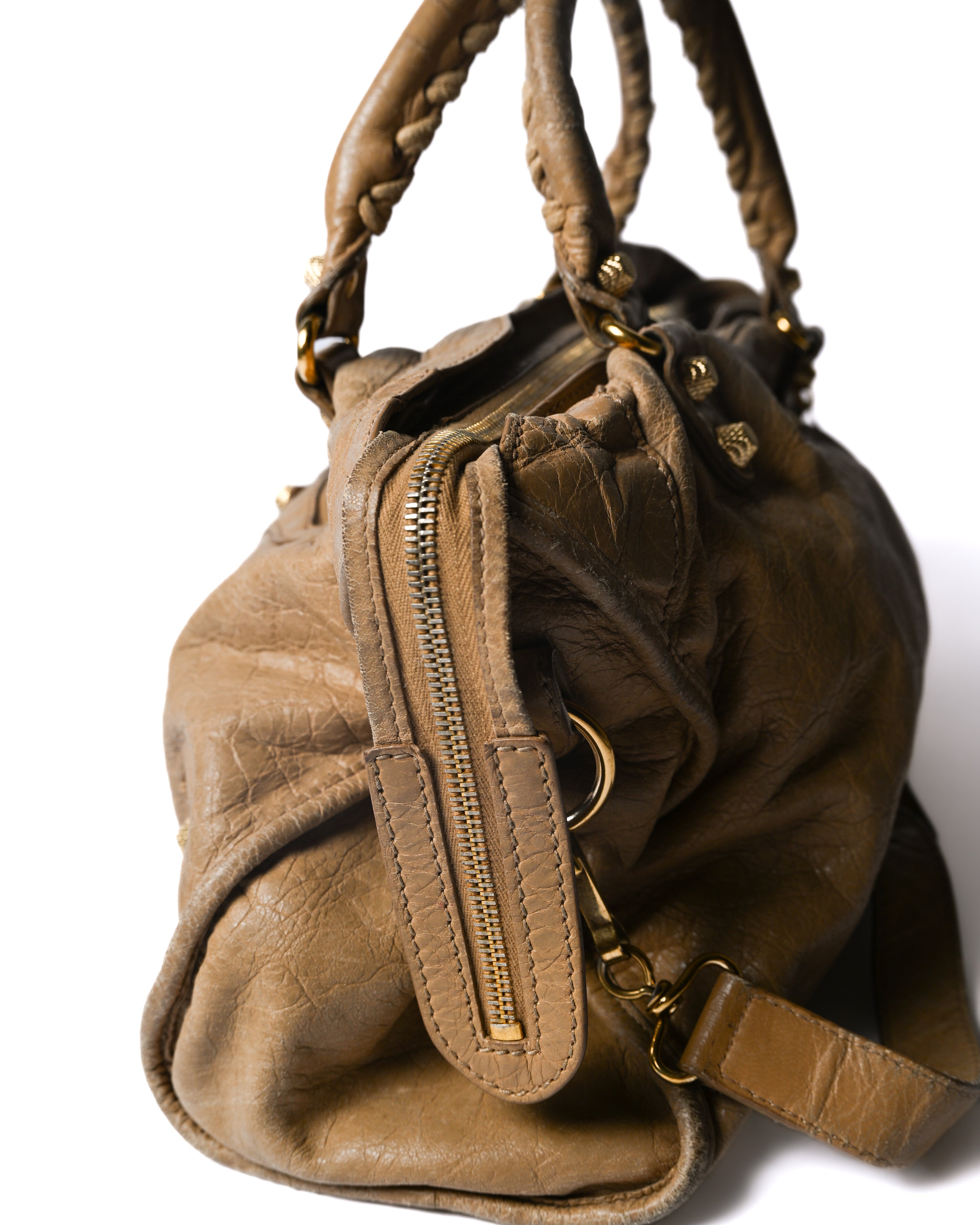 BALENCIAGA/ “Giant City” Gold Studs 2 Way Handbag Beige