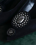 "HERMES" Jewelry design suede heel pumps