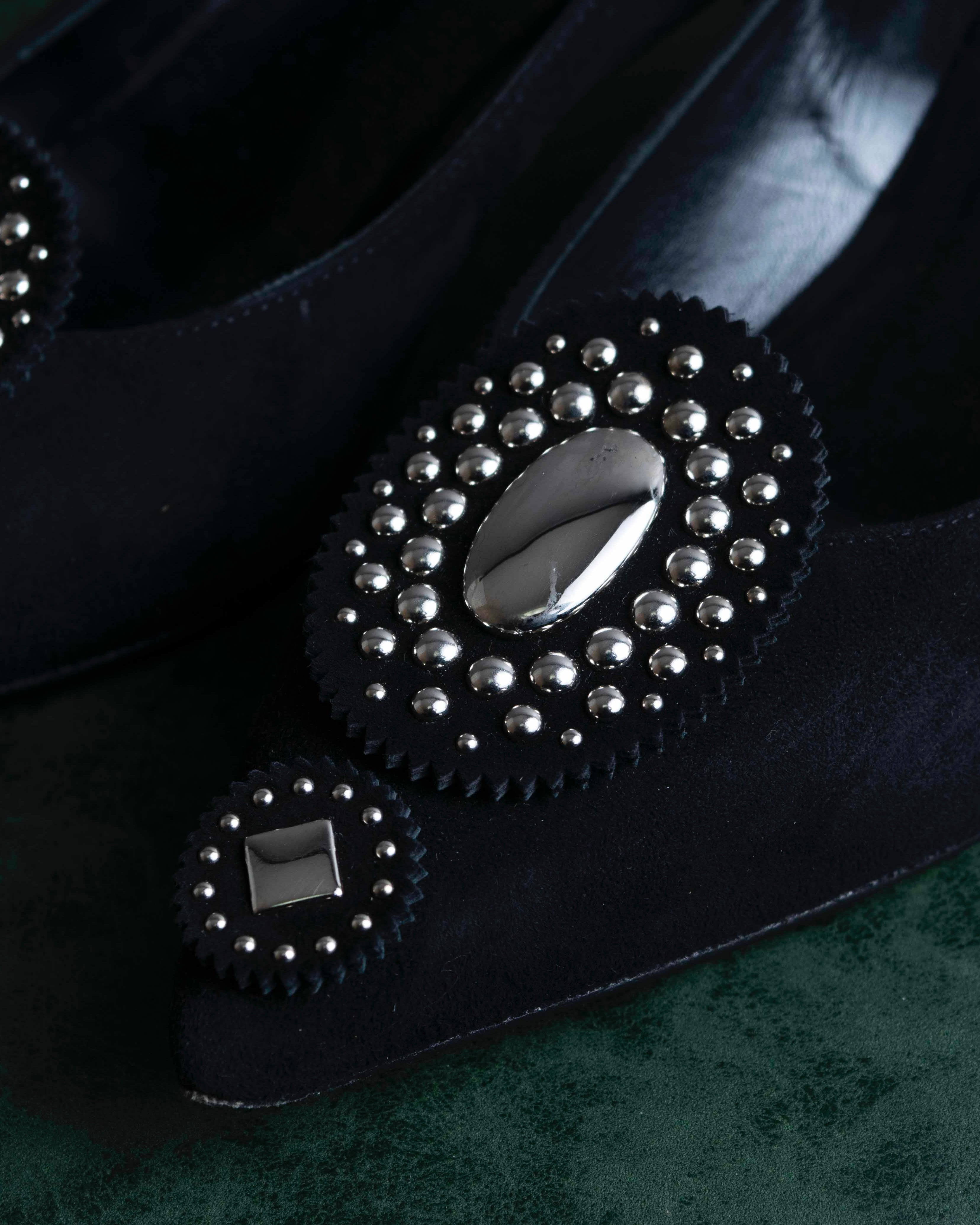 "HERMES" Jewelry design suede heel pumps